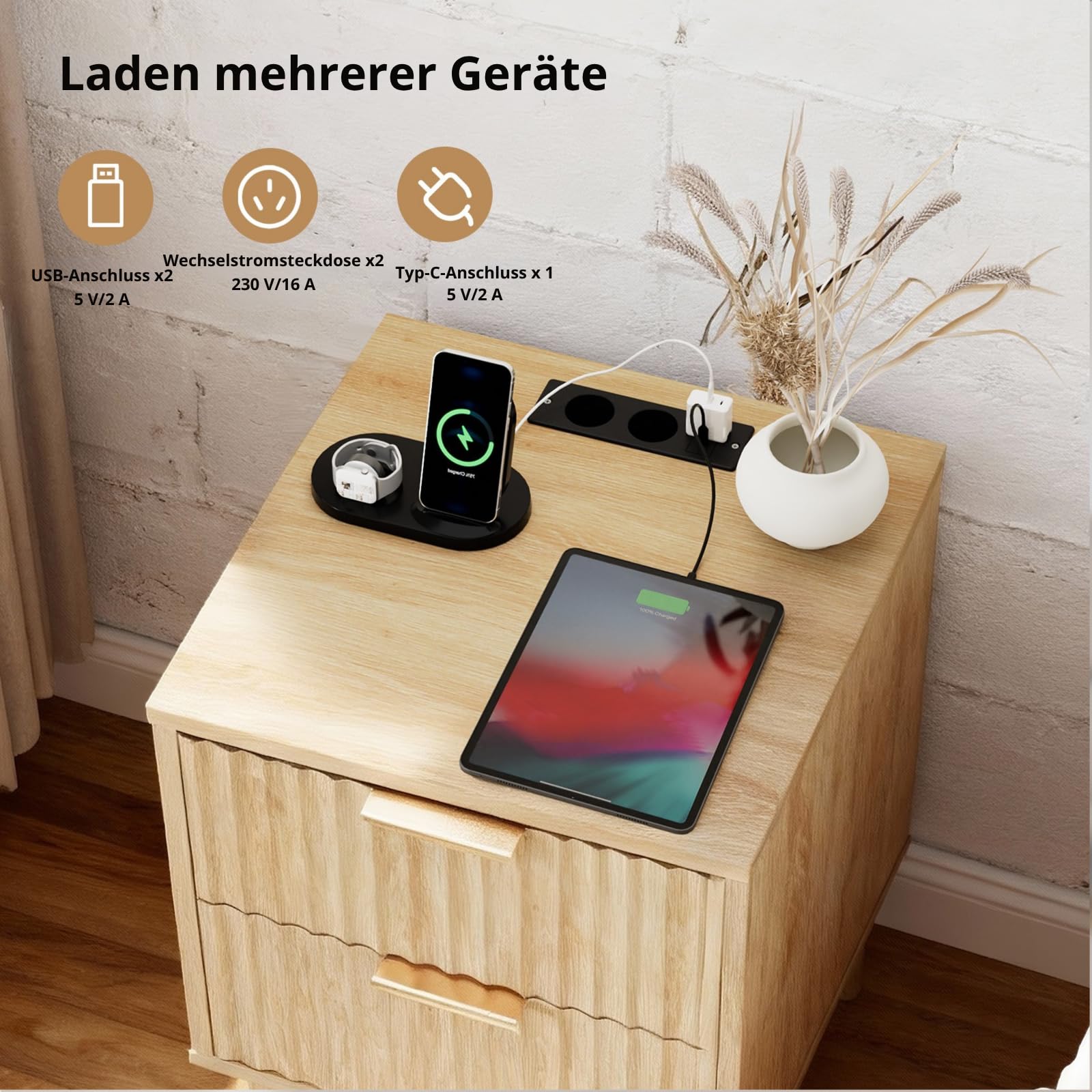 LEADZM Nachttisch 2er Set mit Ladestation, Nachttische 2 Schublade, Beistelltisch für Schlafzimmer, Europäischer Stecker, 40 x 39,5 x 60 cm