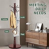 Vista 6 de Perchero de madera, perchero de madera independiente con base redonda resistente, perchas vintage con 14 ganchos, perchero de árbol de entrada