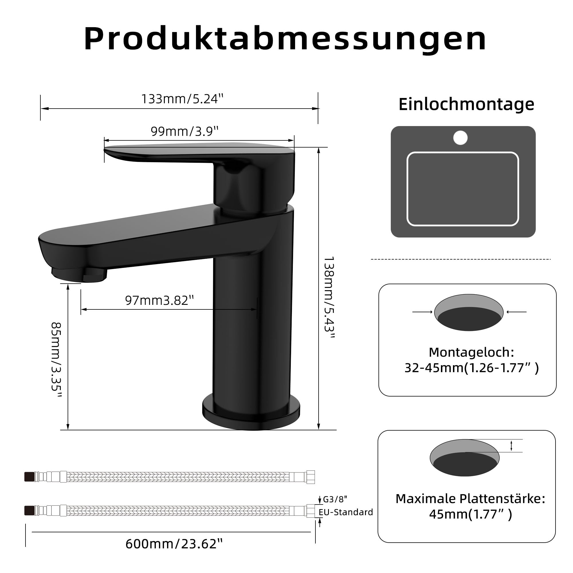 BELZ Schwarz Wasserhahn Bad,Einhebel Waschtischarmatur 85mm | Einfache G3/8 Einlochmontage,Inklusive flexibler Schläuche.Leise,Messing,Rostfrei, pflegeleicht & dicht