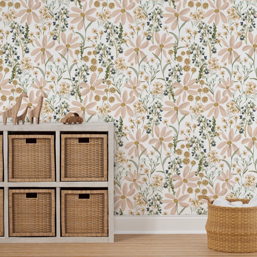 Peel & Stick Wallpaper 9ft x 2ft - Daisy Dreams Country Floral Girl Spring Summer Large Custom Removable Wallpaper by Spoonflower