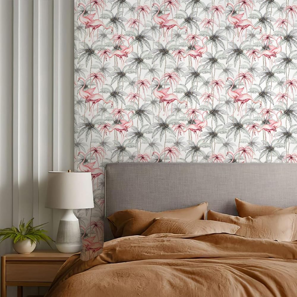REDAMANCY Boho Tropical Animals Flamingo Modern Peel and Stick Wallpaper Vintage Wall Paper Stick on Contact Paper Easy Peel Off for nightstand Drawer Renter Friendly 17.7"x236"