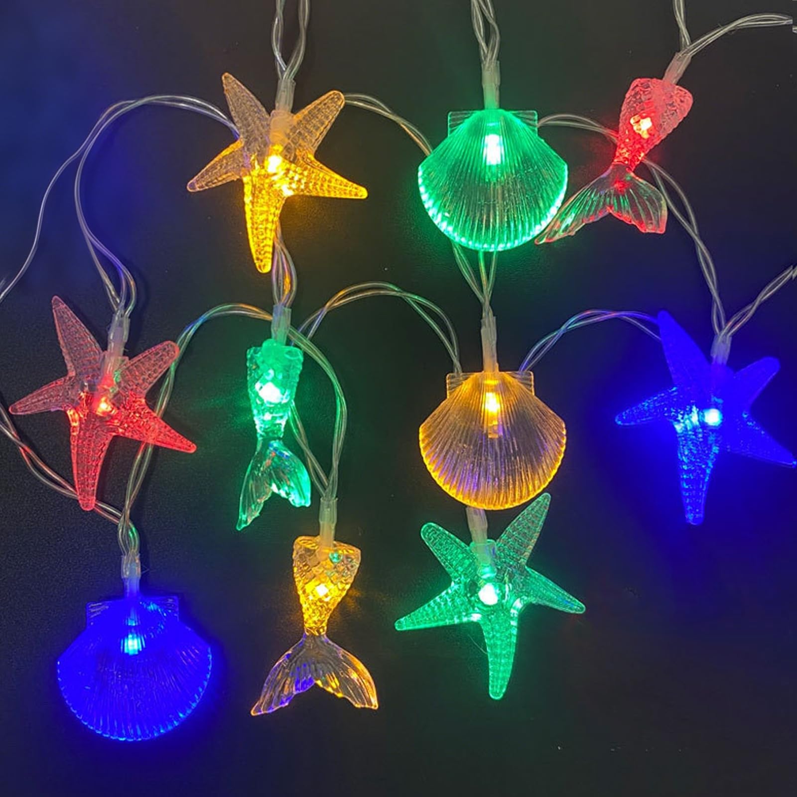 CutitiUU 1.5M 10 LED Marine Life Theme Light String Starfish Seashell Mermaid String Lights,Under The Sea Fairy Lights Battery Operated,Fairys Light for Room,Tree,Aquarium Wall Decor (Colour)