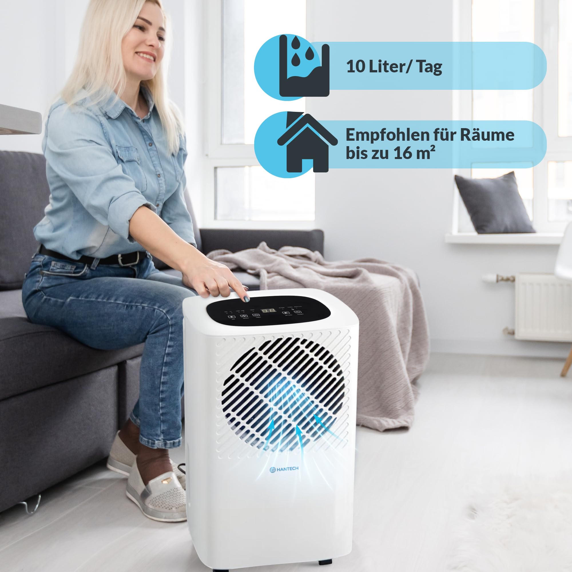 HANTECH Luftentfeuchter 10L/Tag Elektrisch, leise, gegen Schimmel inkl. Timer und Wassertank - Dauermodus möglich, schnelle Wäschetrocknung für Keller, Badezimmer, Wohn- und Schlafbereich