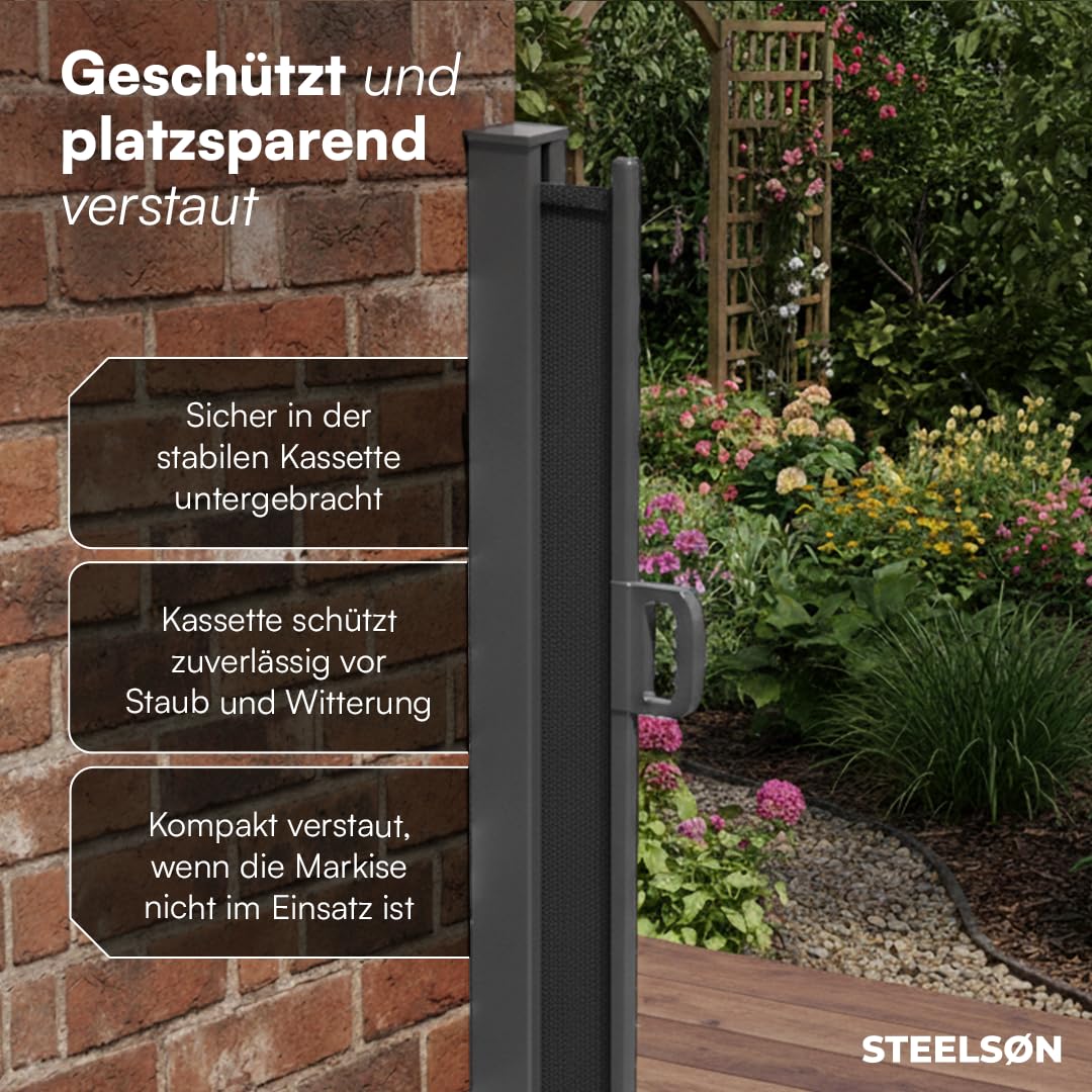 STEELSØN Zirella Seitenmarkise 200x485cm – Windschutz ausziehbar in Anthrazit – Markise wetterfest – Sichtschutz – Seitenrollo mit Wandhalterung – Sonnenschutz Blickdicht – Wandmarkise aus Aluminium