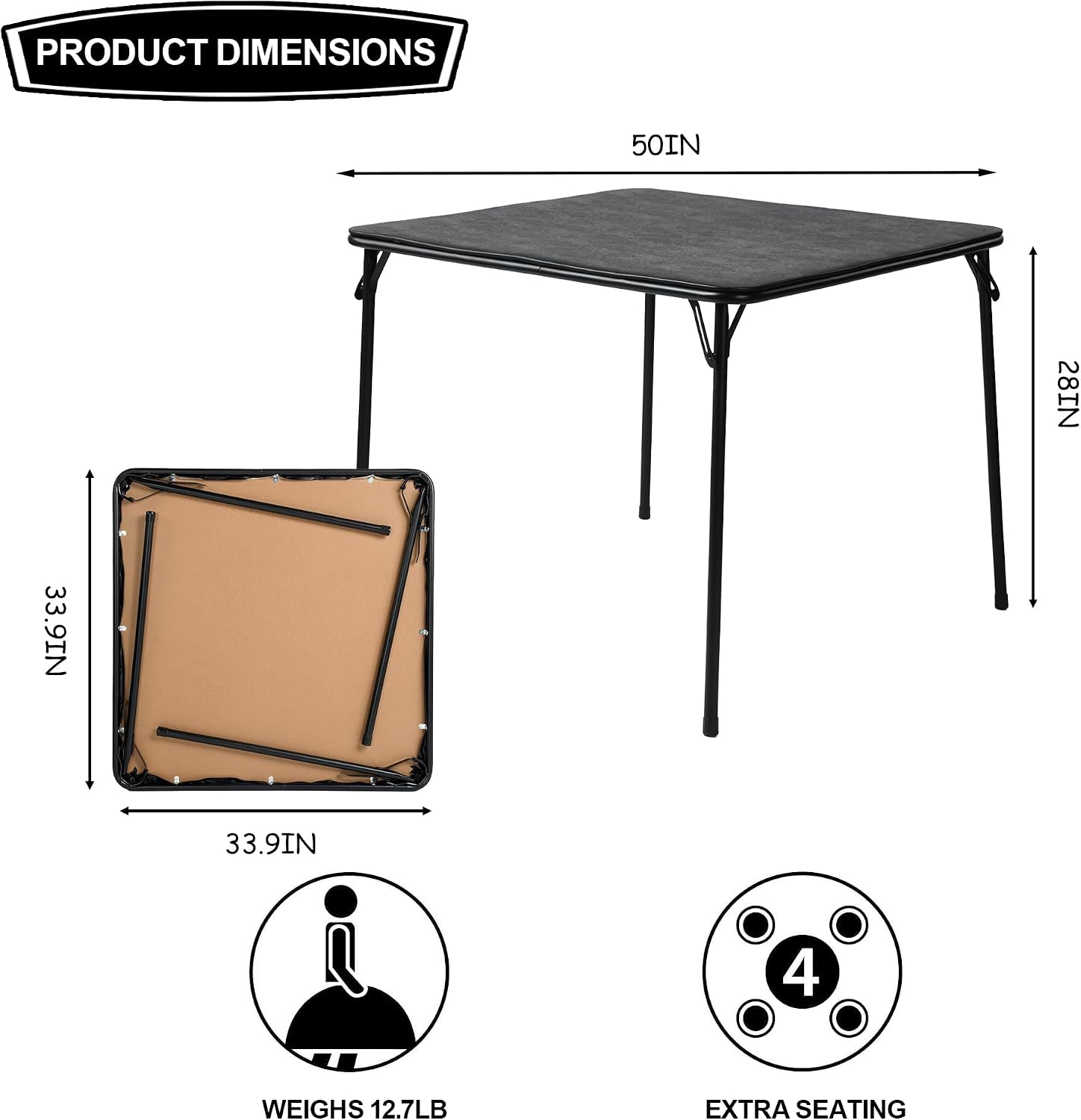 Houseinbox Folding Card Table, 34in Square Game Table with Black Metal Frame, Faux Wood Grain or Matte Black Top, Portable for Poker, Puzzle, or Dining