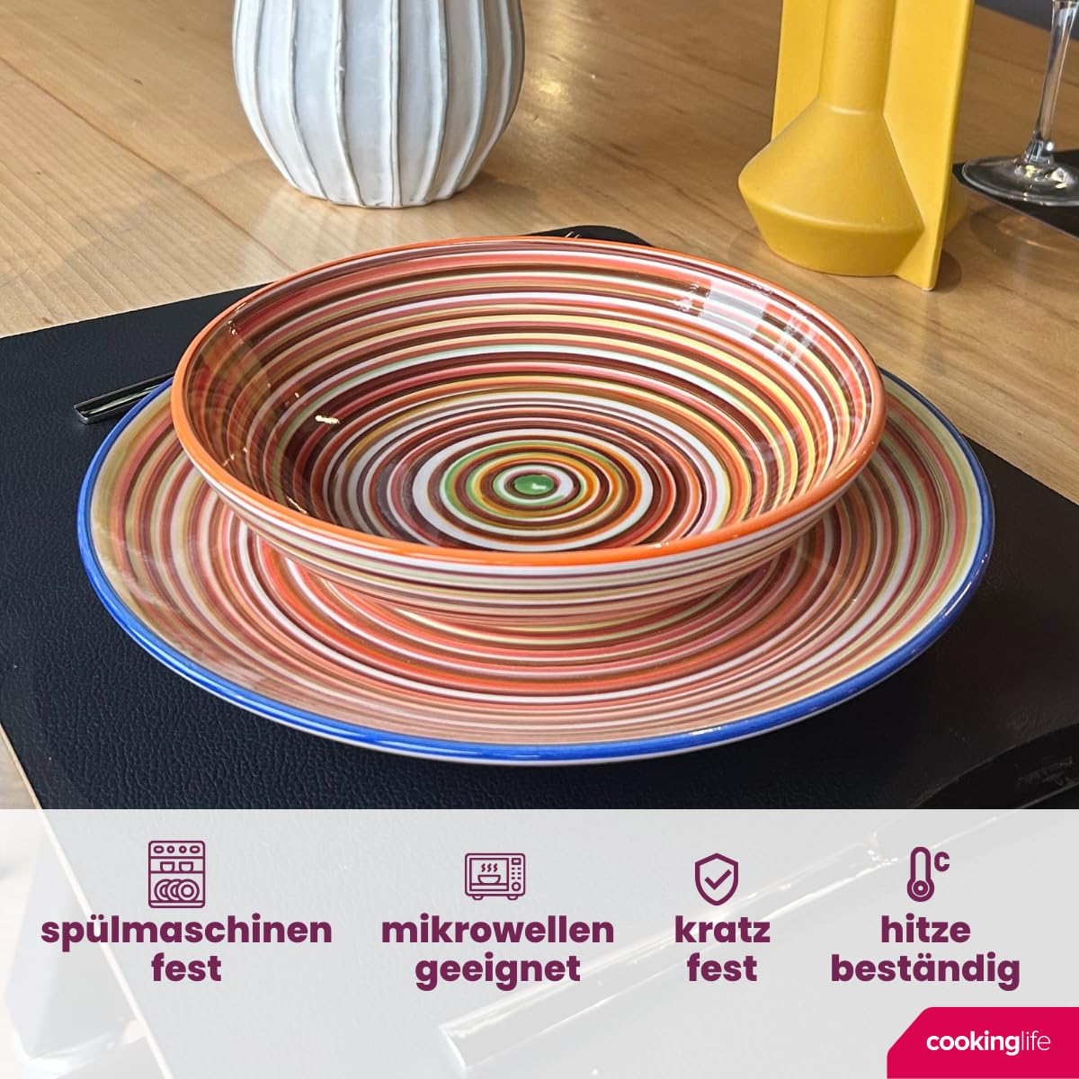 Cookinglife Geschirrset Rhythm & Lines, 18-teilig für 6 Personen, Steingut, spülmaschinen-, mikrowellen- und ofengeeignet
