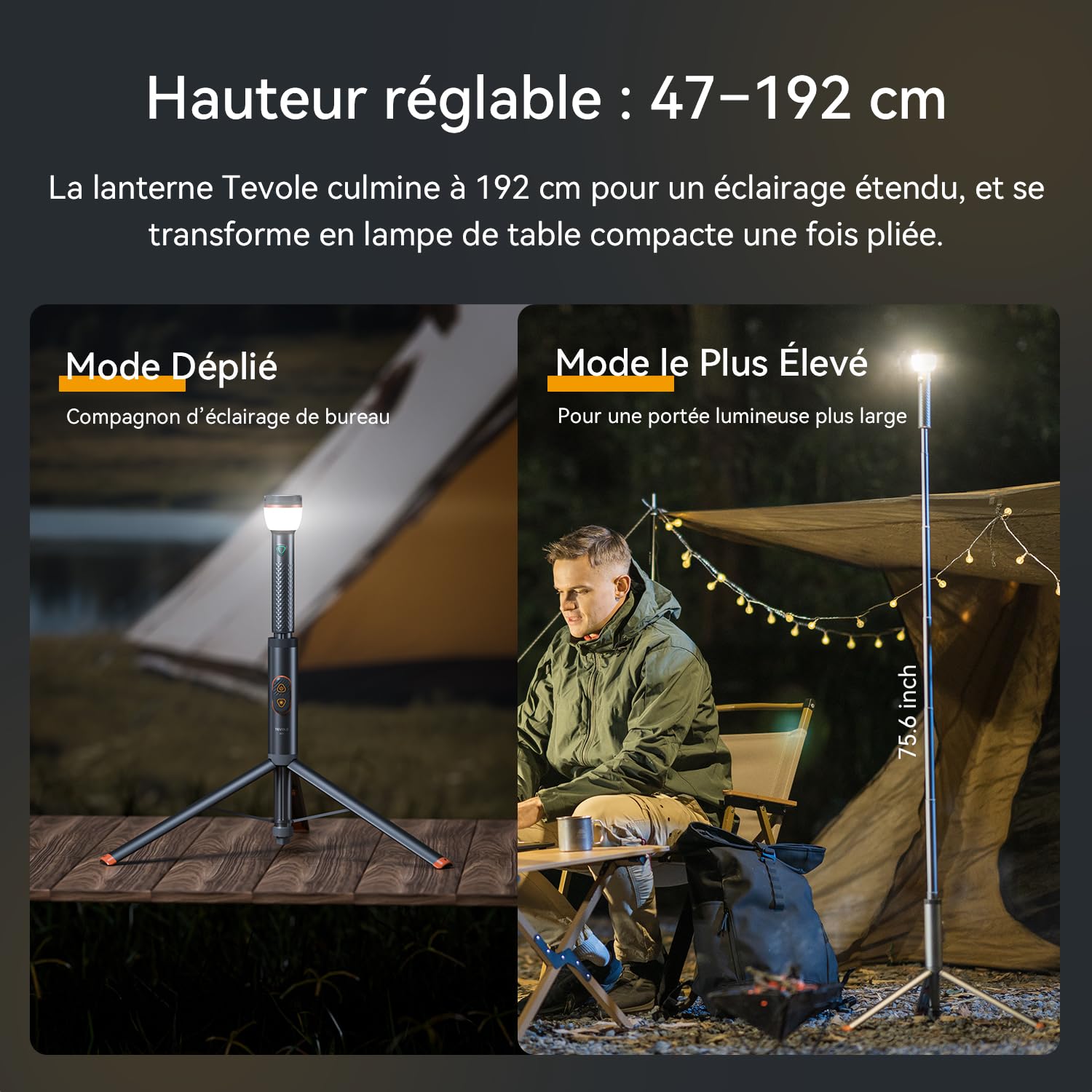 Lampe Camping Rechargeable 800 Lumens - Hauteur Réglable Télescopique, Télécommande, Base Magnétique, Étanche IP65, Batterie USB, Lampe LED Extérieure pour Randonnée, Urgences, Aventure