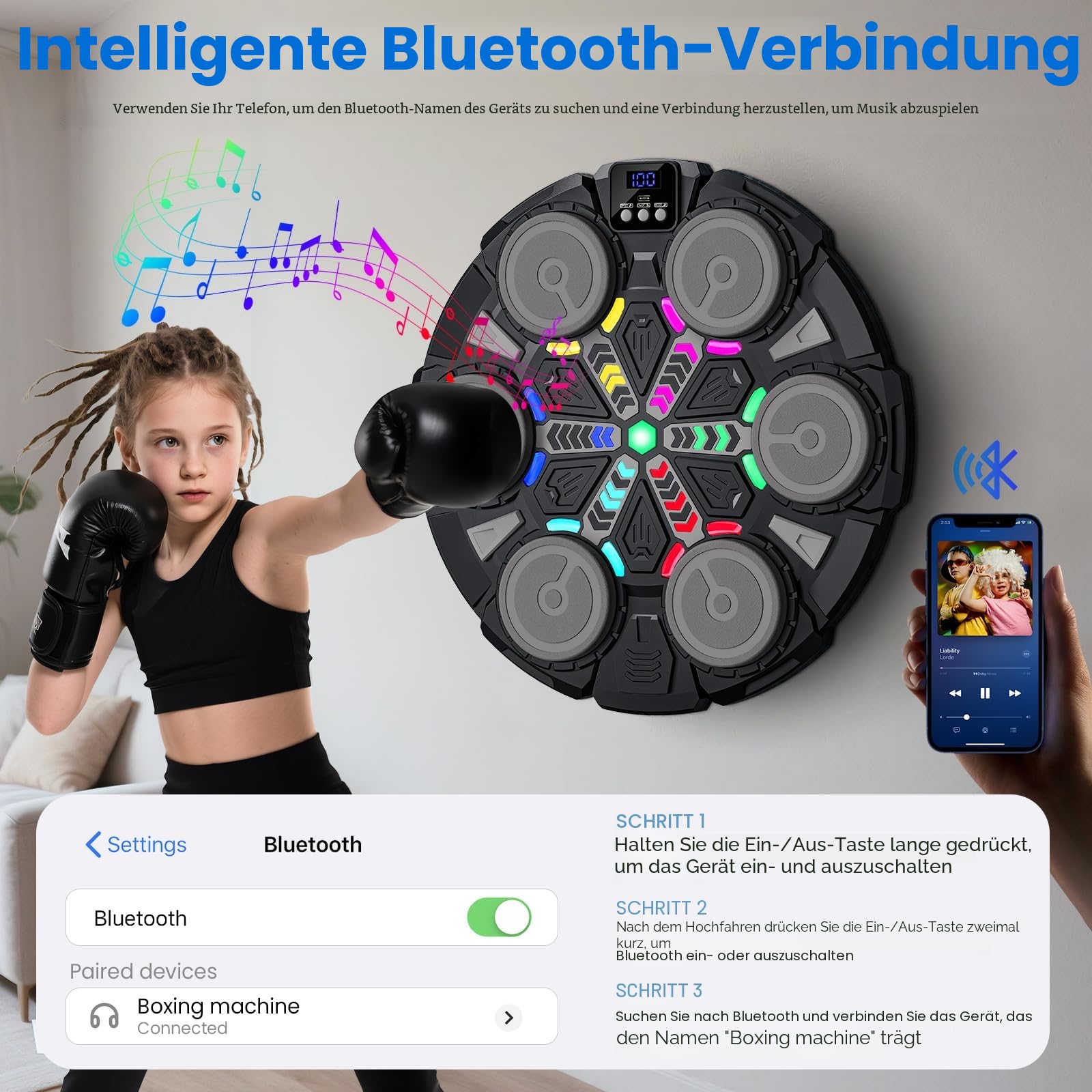 IERAKOR Music Boxing Machine, 2025 Neu Boxmaschine mit Musik mit Boxhandschuhen, LED-Farblichter, Bluetooth, 5 Einstellbare Geschwindigkeiten, Mehrere Modi und Automatische Zählung, für Kinder