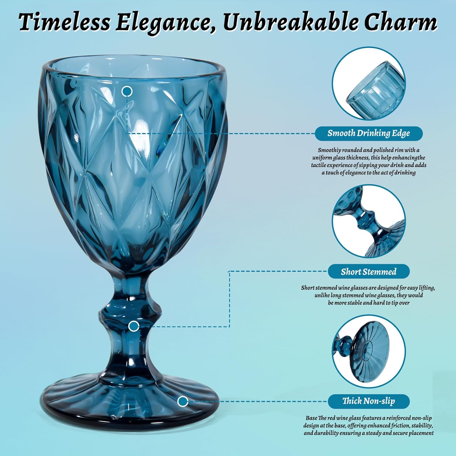 Vintage Wine Glasses Set of 6, 12 OZ Colored Glass Water Goblets, Embossed Floral Decorative Crystal Glass Cups Set, Dishwasher Safe, for Wedding, Party, Red Wine Glass, Bars, Restaurants - Image 3