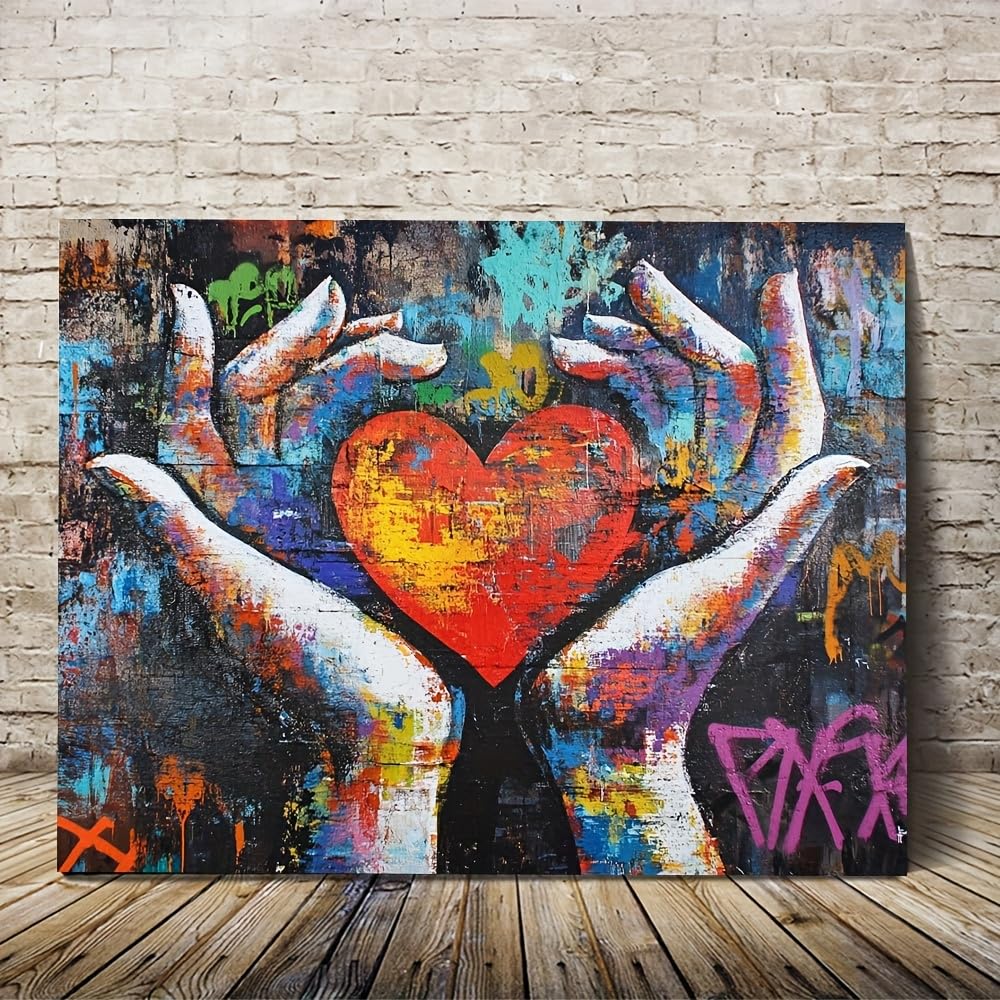 Cuadro de Banksy "Corazón vibrante con manos coloridas" (60x120cm/con marco)