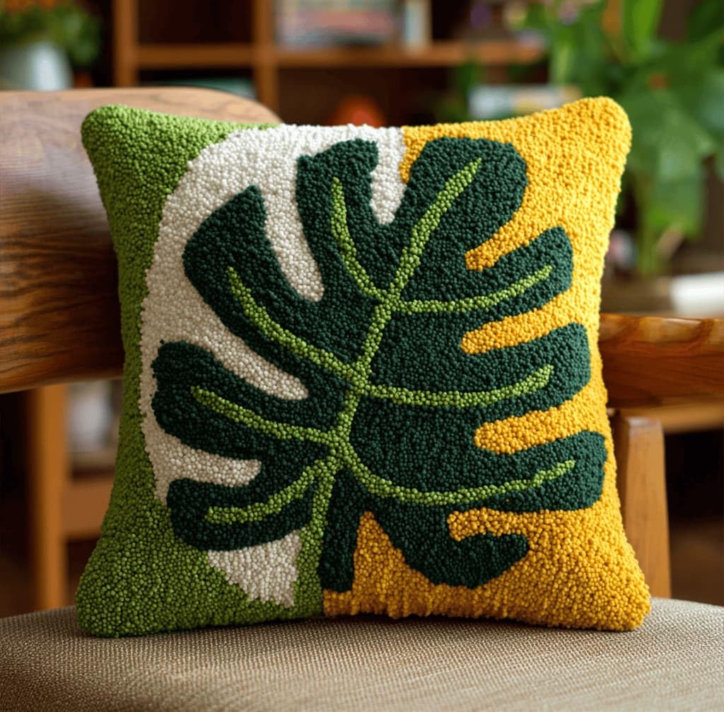 Kitquiver Latch Hook Kits Donkey for Adults,Leaf DIY Latch Hook Cushion Kits and Latch Rug Kits Cross-Stitch Embroidery Cushion Cover for Home Sofa Decoration 17X17 in