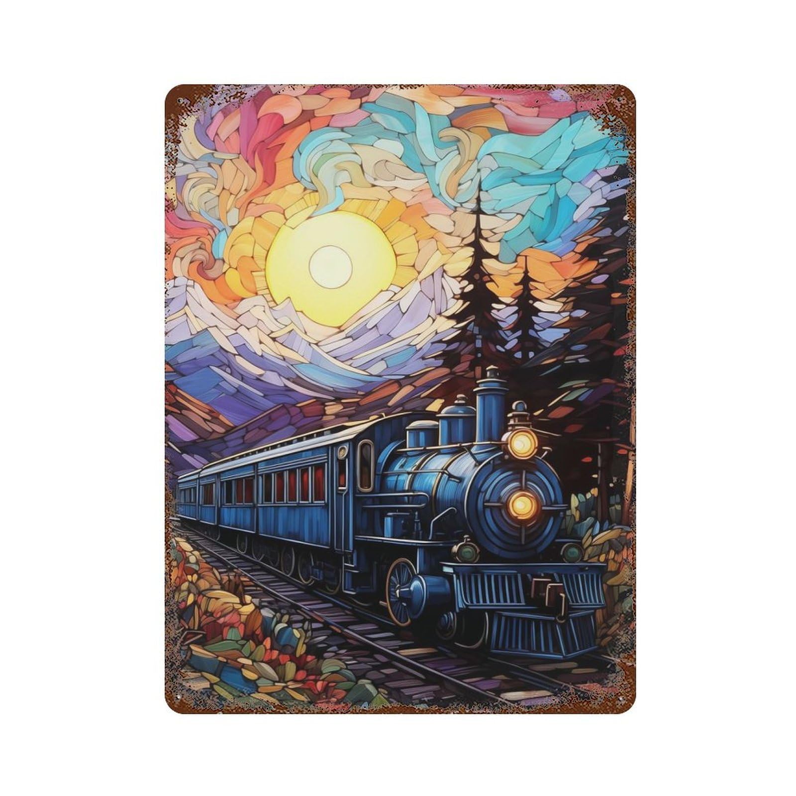 SUN AND TRAIN Rust Effect Tin Sign 15.7"x11.8", Ideal for Shed, Workshop And Garage Wall Decor