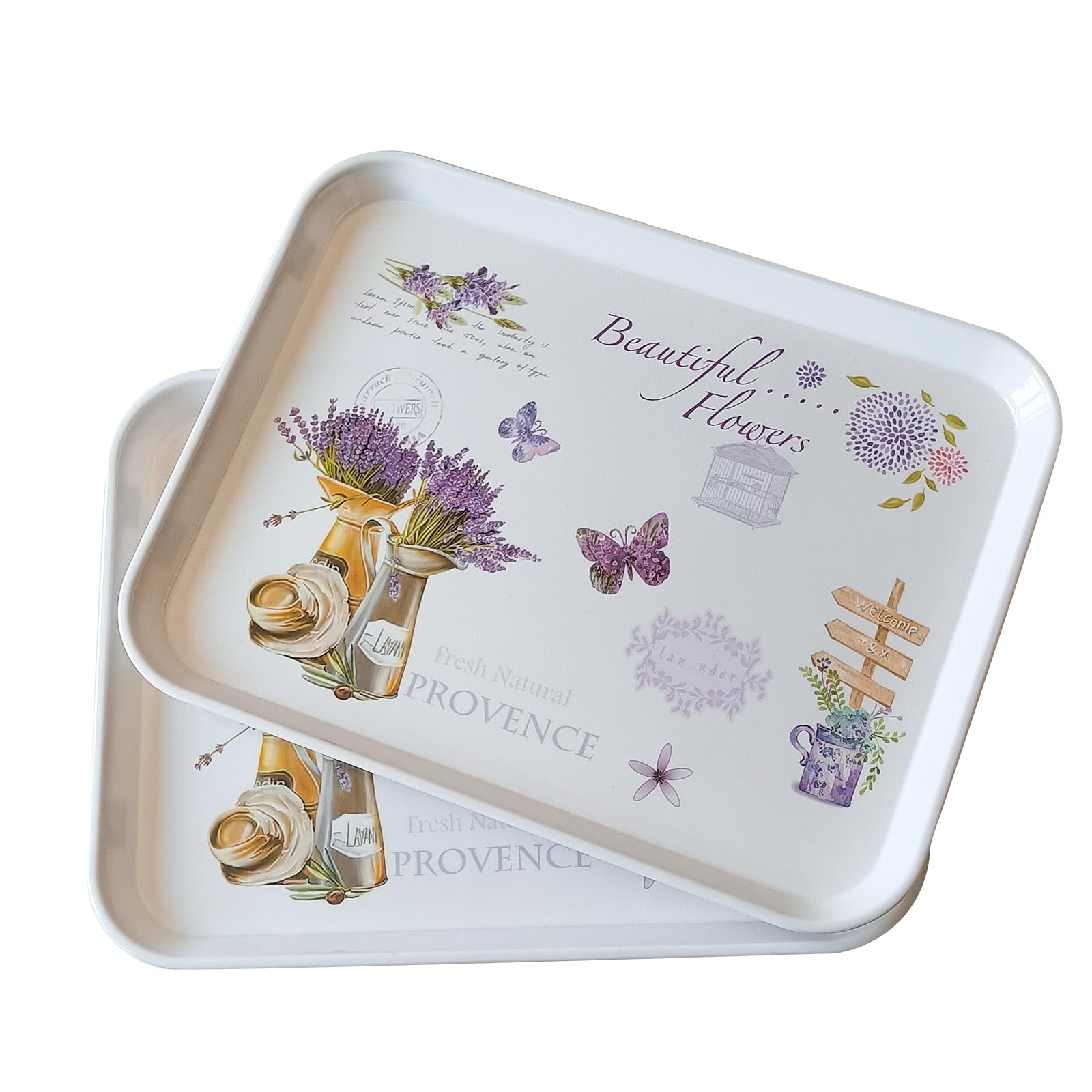 Large Serving Platter Melamine Trays 2 Pack Stackable Food Tray with Floral Print for Gift, Party, Decor, Home, Restaurant (Purple Lavender, Large)