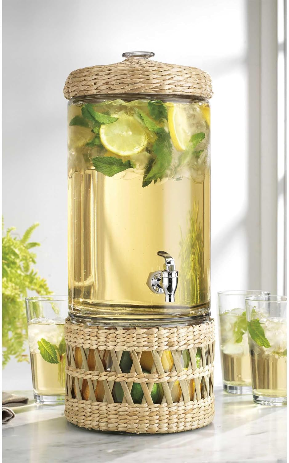 Merveille Glass Beverage Dispenser with Rattan Wrap, 2 Gallon Capacity, Leakproof Spigot, Decorative Stand, Glass Lid