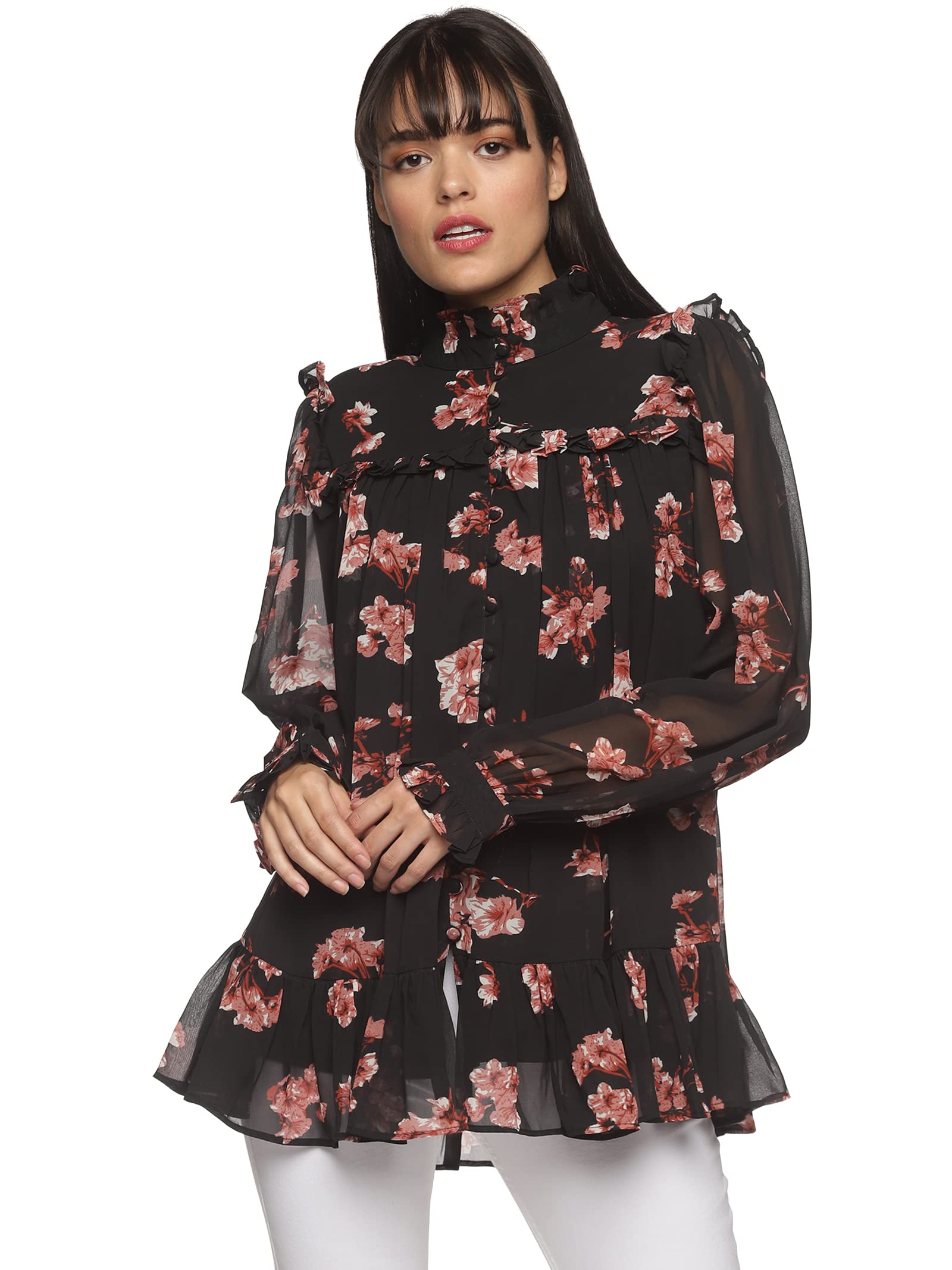 ISU Black Floral Printed Full Sleeve Ruffle top