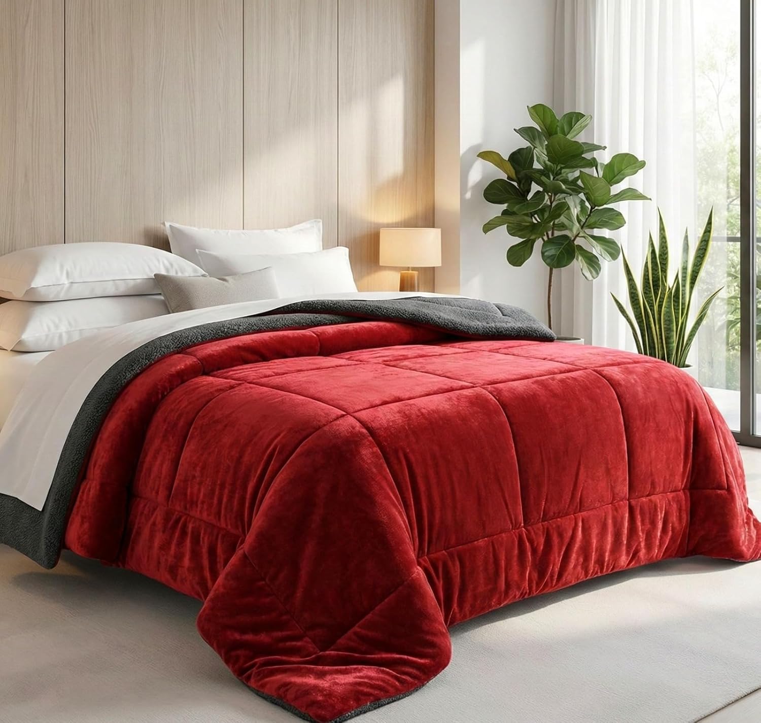 BSB HOME Fleece Plush Sherpa Blanket for Heavy Winter Double Bed, 600 GSM Soft Heavy Warm Quilt Razai, Ultra Cozy & Comfortable, 88 x 90 Inches (Maroon & Grey) Weight – 3.2 KG