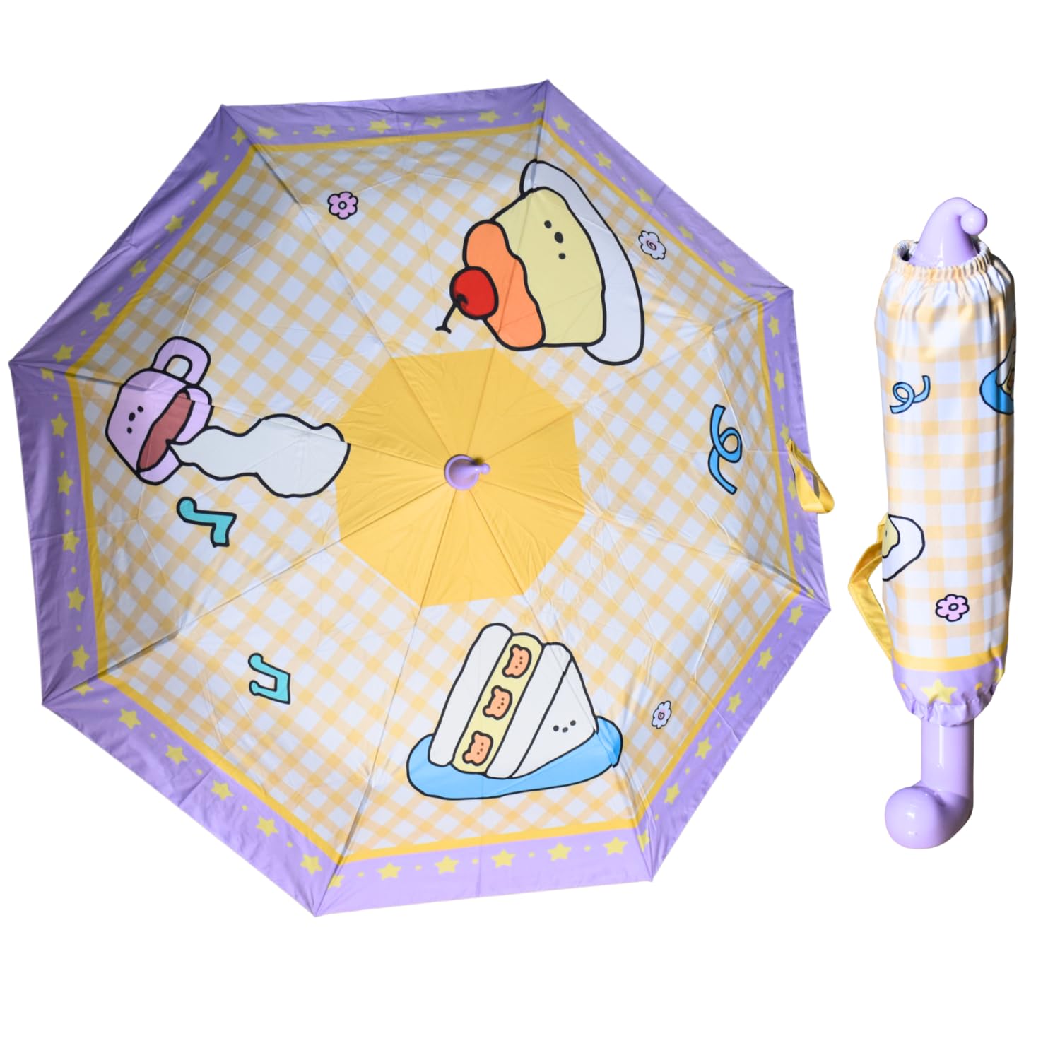 Korean Style Kids Folding Umbrella with Cute Boot-Shaped Handle , Kids Folding Umbrella for Rain and Sunny Days, Cute Cartoon Food Print, Lightweight Portable with Safety Rounded Tips, for Boys and Girls-image-21