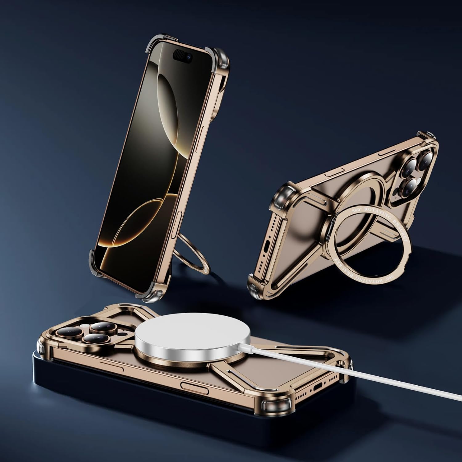 Skeleton Case for iPhone 16 Pro, Titanium Military-Grade Drop Protection with Magnetic 360° Ring Stand Case Compatible with MagSafe, Shockproof Bumper Cover for iPhone 16 Pro, Gold TJ