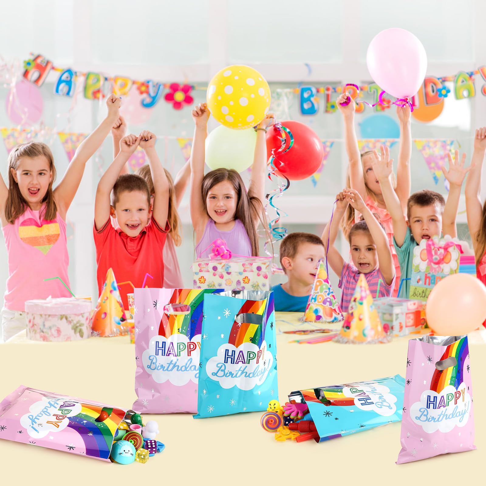 SnortleSnap 40Pcs Rainbow Birthday Party Favor Bags, Rainbow Party Theme Gift Bags， 6.7 x 9.8 Inch Plastic with Handle