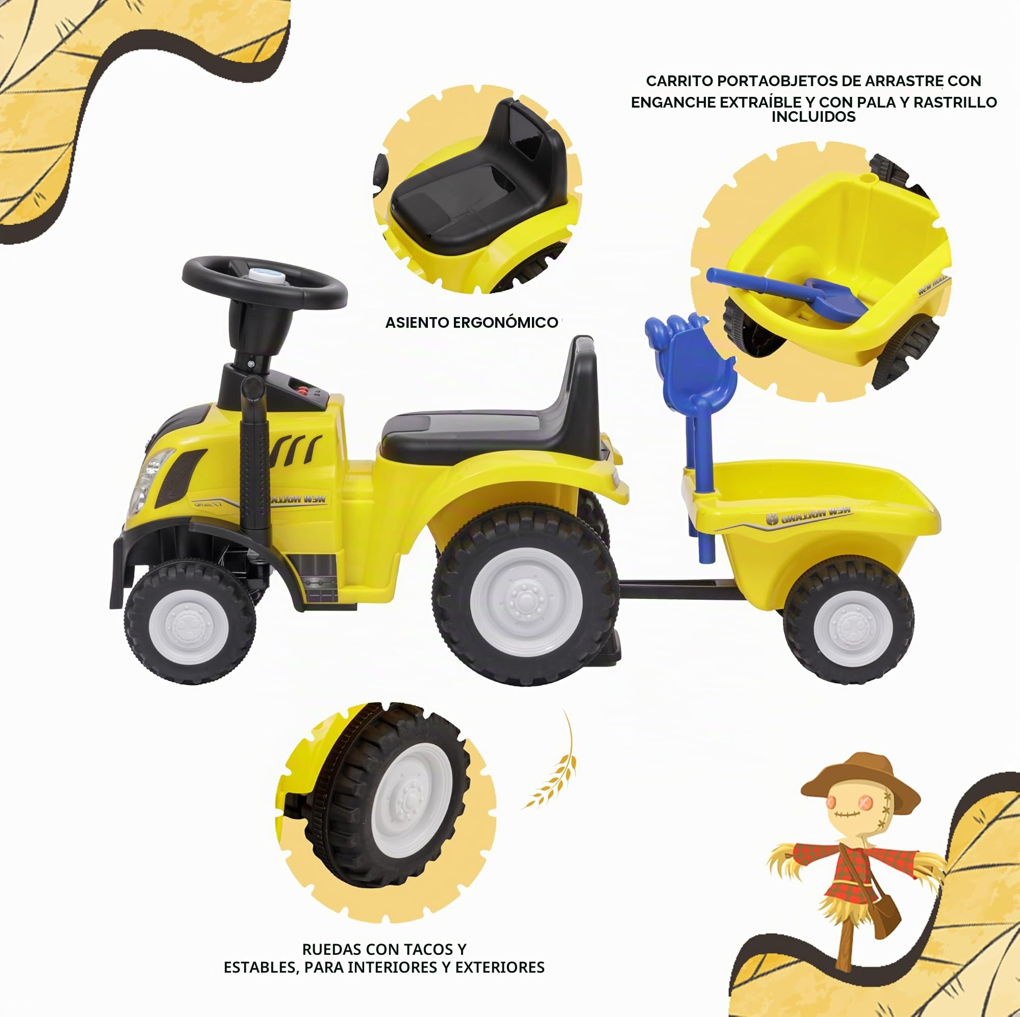 Baroni Toys Tractor sin Pedales con Remolque para niños de 12 a 36 Meses, Coche para niños, Coche Correpasillos con Bocina y Faros funcionales, Pala y rastrillo incluidos, 29x91x44cm (Amarillo)