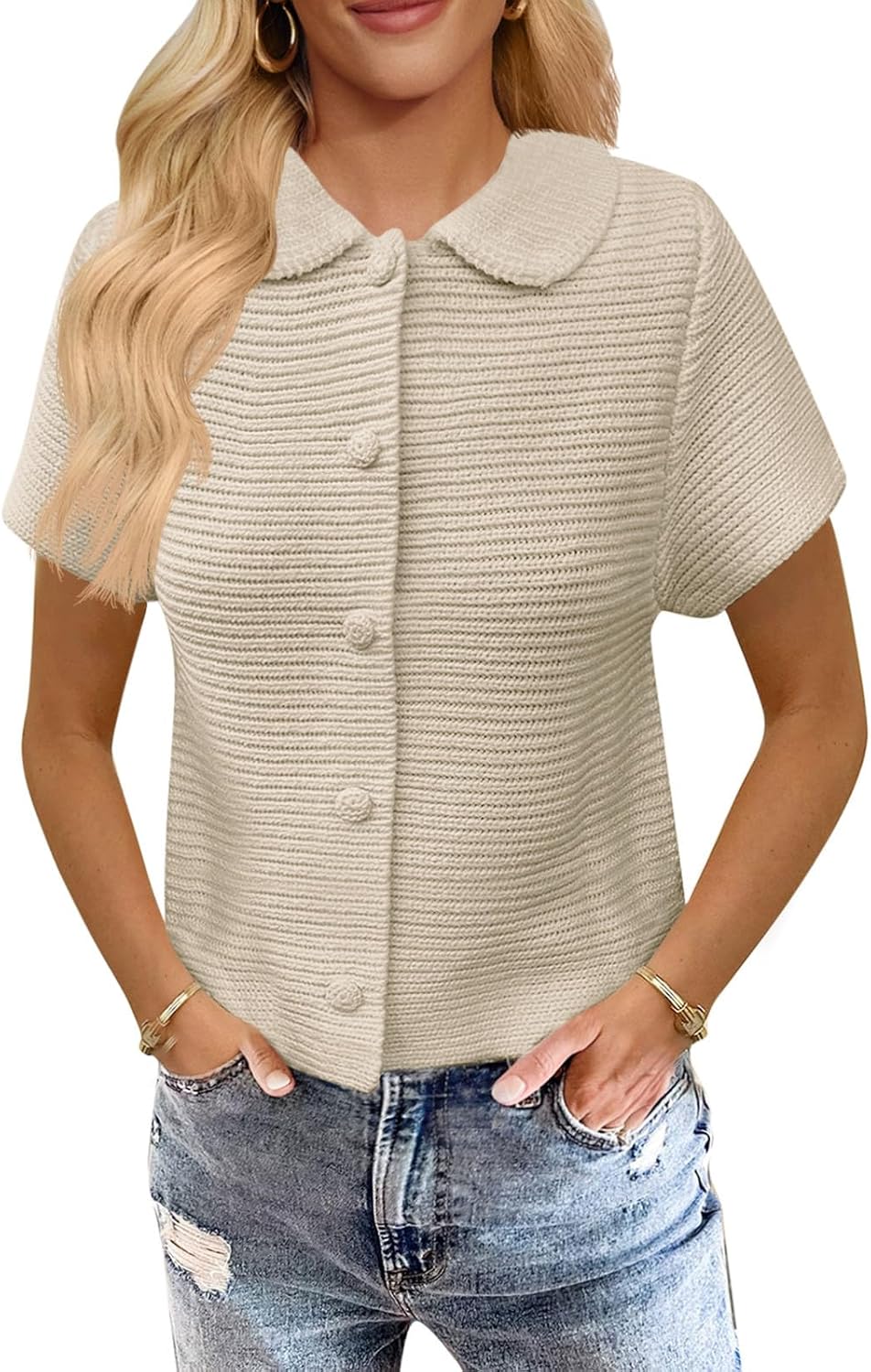 Saodimallsu Womens Short Sleeve Cropped Cardigans Casual Summer Button Down Collared Lightweight Loose Knit Sweater Top