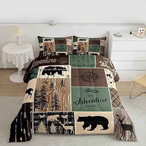 Miniatura 3 de Juego de edredón de oso de caza, ciervo, juego de ropa de cama a cuadros tamaño King, edredón rústico de retazos de cabaña para niños, adolescentes,