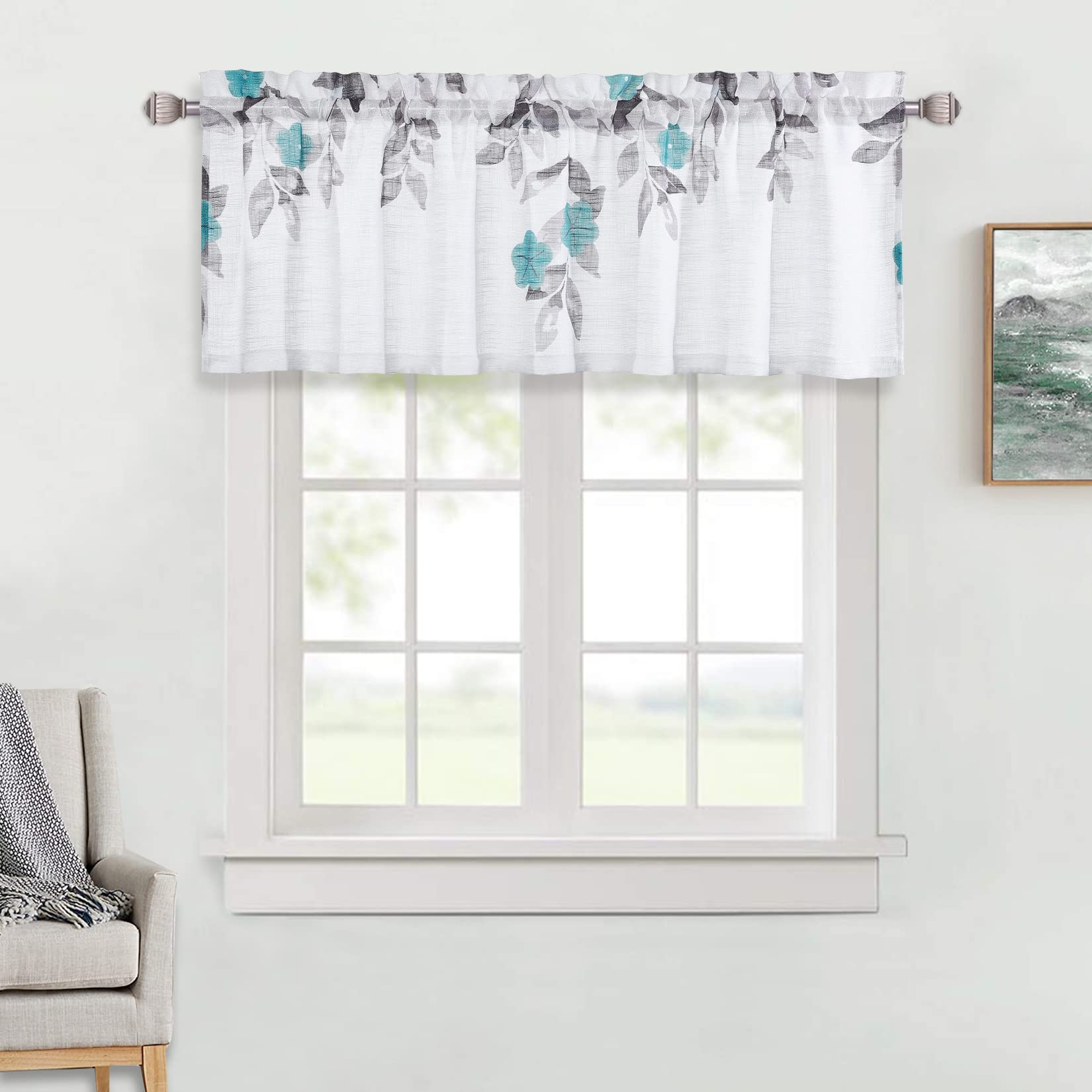 CAROMIO Kitchen Window Curtains Teal and Grey Valance Curtains Linen Texture Window Valance for Bedroom Rod Pocket Small Kitchen Bathroom Window Curtains, 52"X15", Teal and White Curtain, One Piece