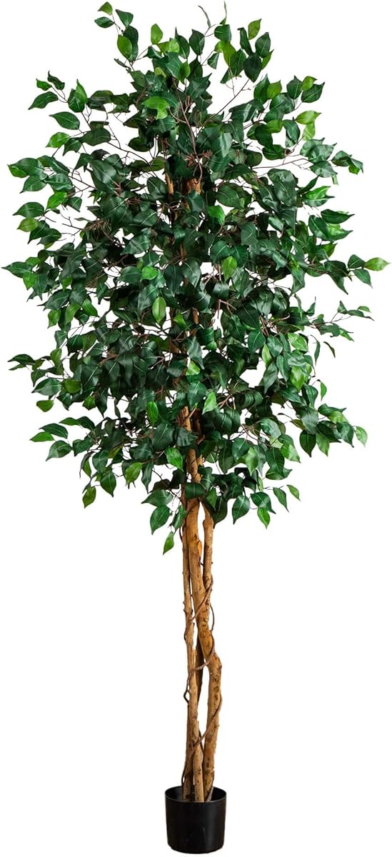 Nearly Natural 74in Artificial Triple Trunk Ficus Tree, Faux Greenery with Natural Wood Trunks for Indoor Home Decor