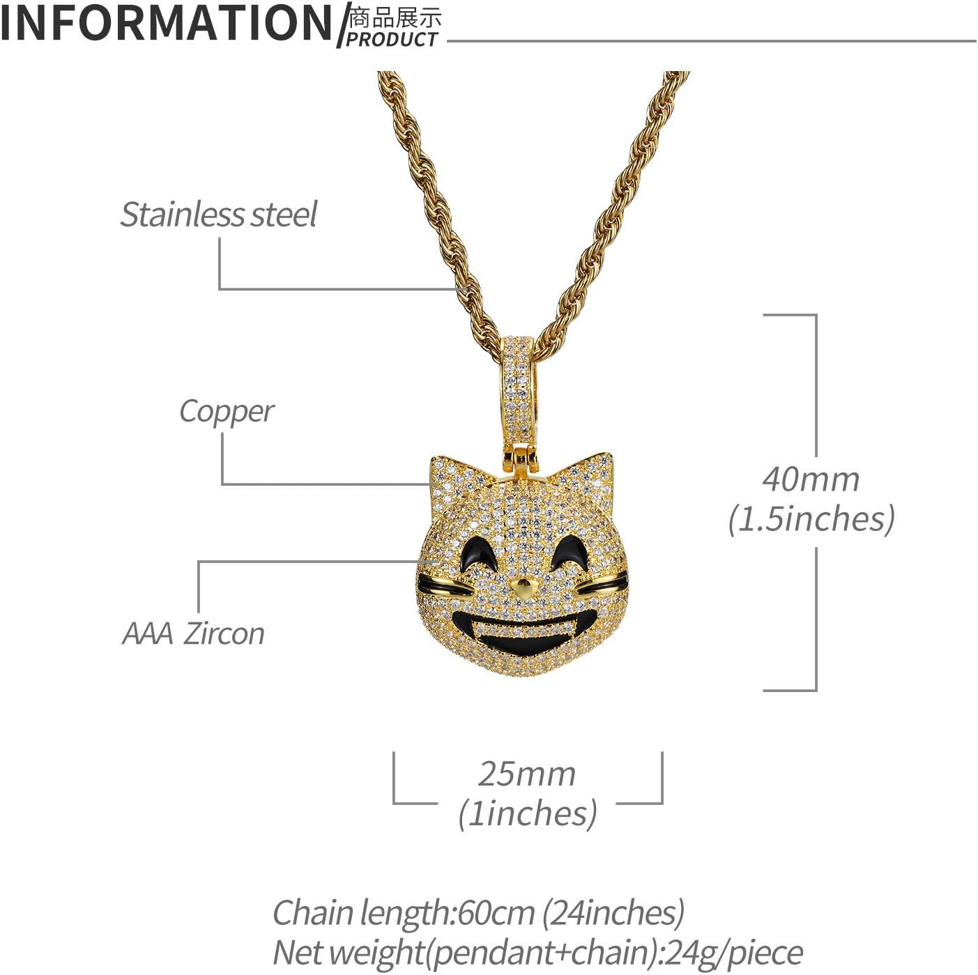 Iced Out Lucky Cat Pendant Necklace 18K Gold Plated Bling CZ Simulated Diamond Hip Hop Rapper Chain Necklace for Men Women