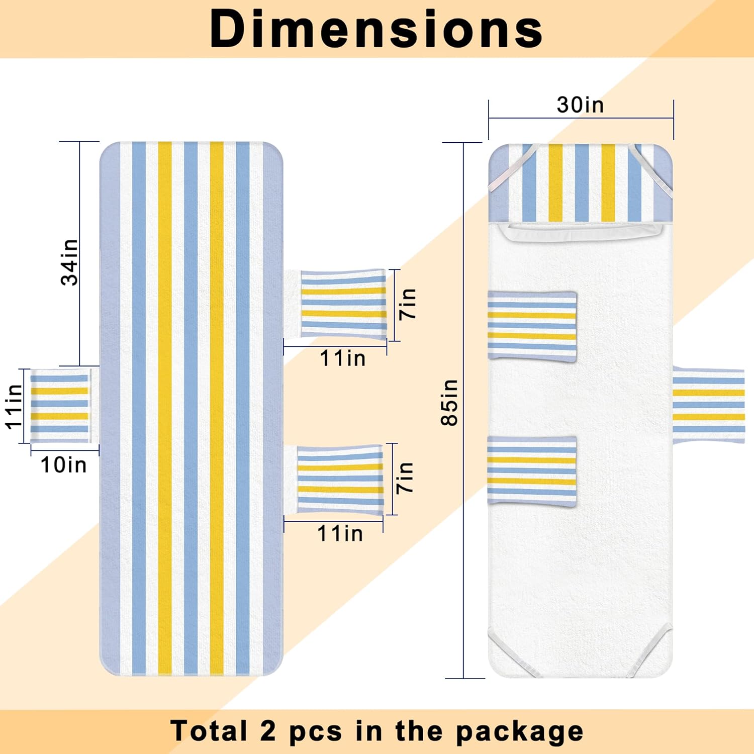 Lounge Chair Towel Cover, Chaise Lounge Covers (Pack of 2), Striped Lounge Chair Towels with Fitted Top Pocket for Pool, Beach,Vacation Travel, 85 x 30 in, Striped Light Gray Yellow