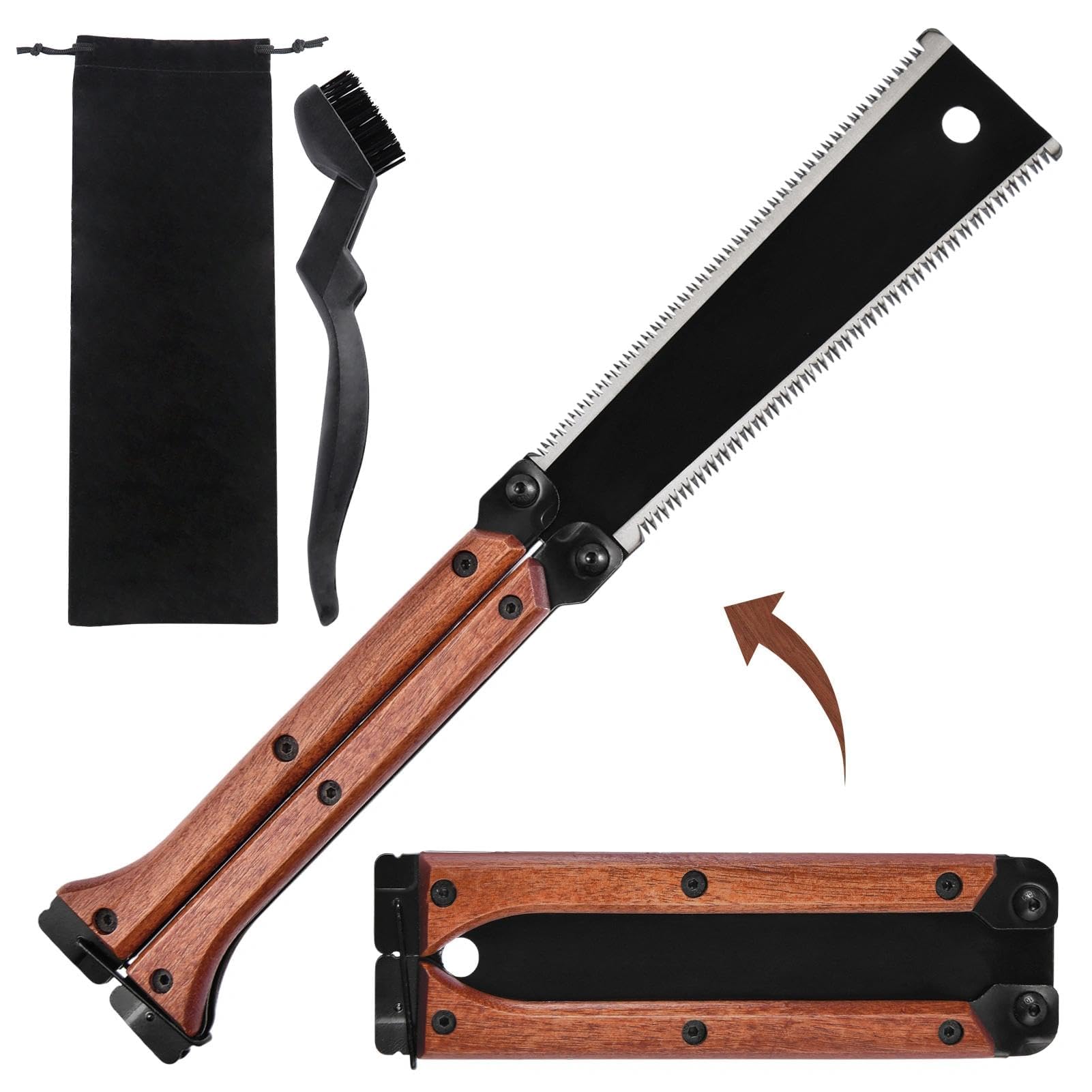 GOLD DEER 8Inch Folding Japanese Pull Saw 13/14 TPI Double-Edged Hand Saw with SK5 Blade and Ebony Handle Pocket Camping Saws with Portable Pouch & Brush Flush Cutters for Hard & Soft Wood