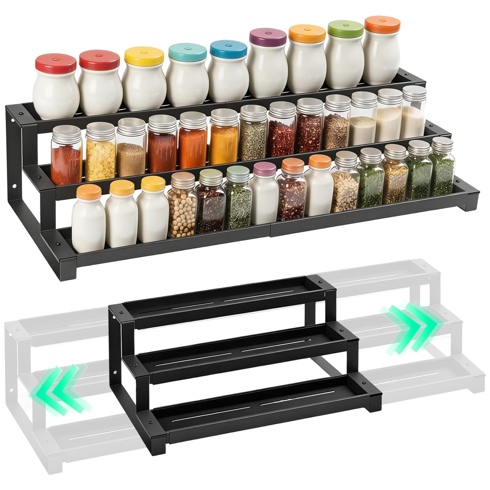 Étagère Rangement Épices Cuisine avec 3 Niveaux, 37–67 cm Porte Épices en Métal Conception Escalier Pratique Largeur Extensible et Réglable pour Range Armoire, Comptoir, Garde-Manger, Salle de Bain