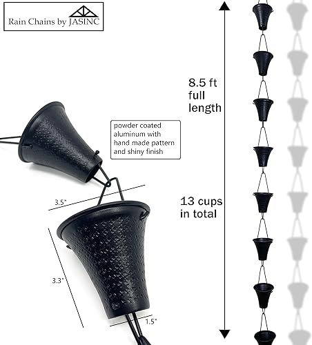 Miniatura 4 de Rain Chains by JASINC Copas Rainier de 8.5 pies con recubrimiento en polvo negro, para reemplazar la canaleta de techo, con kit de instalación,