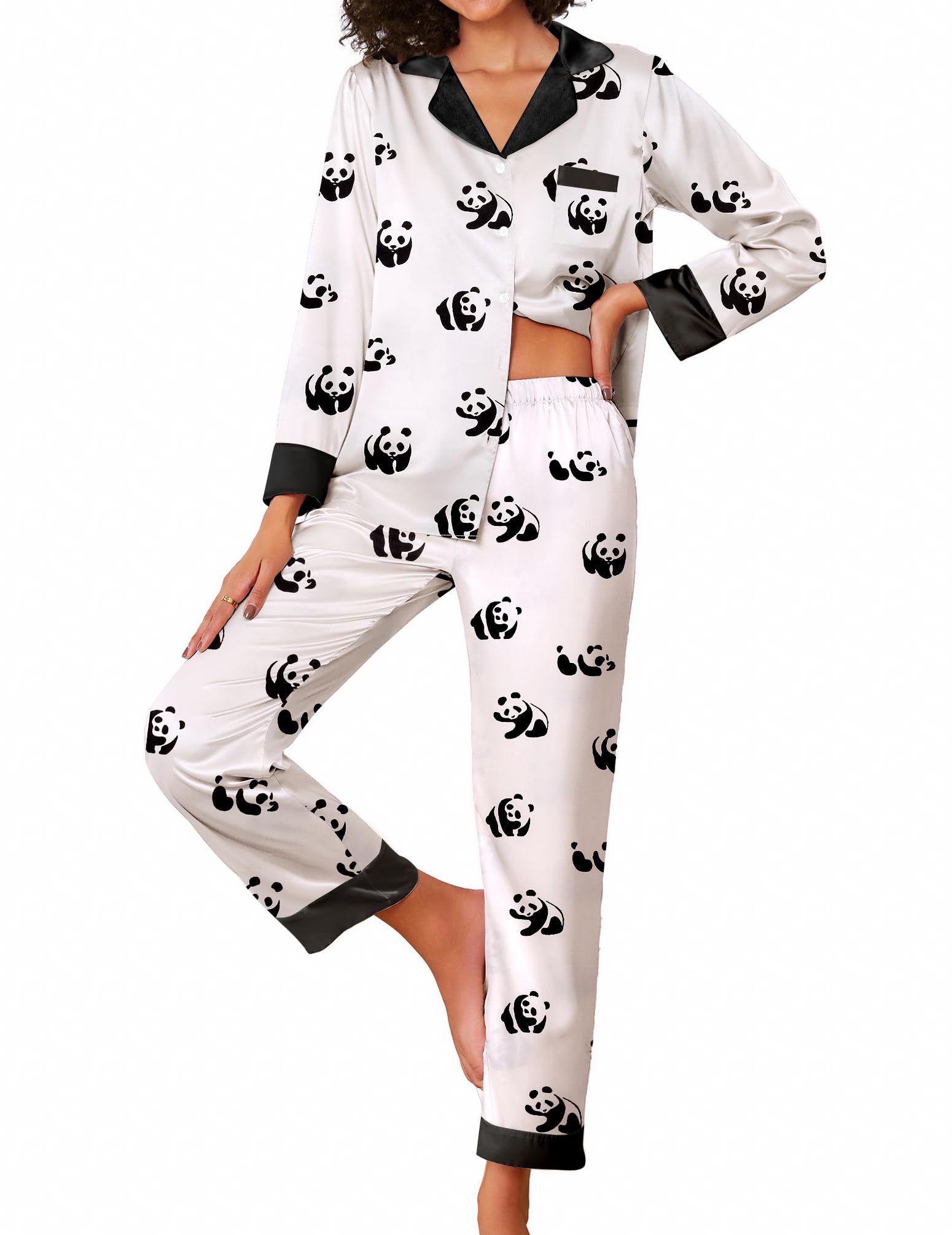 EkouaerSilk Pajamas for Women Long Sleeve Satin Pajama Set Silky Pj Sets 2 Piece Button Down Loungewear Sleepwear