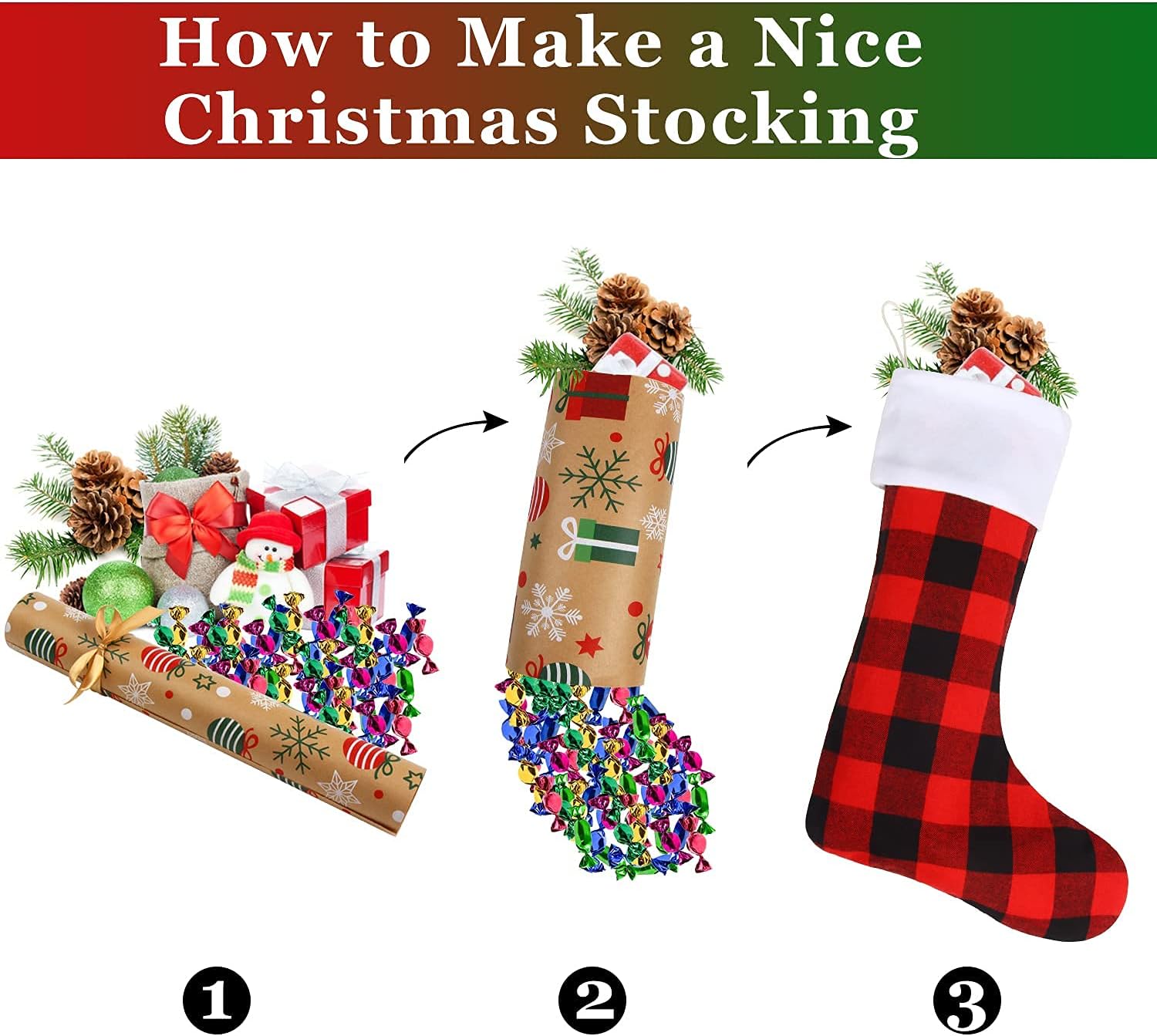 DERAYEE 6 Pack Christmas Stockings Bulk, 18 Inch Large Red Black Buffalo Plaid Fireplace Hanging Stockings for Family Holiday Xmas Party Decoration