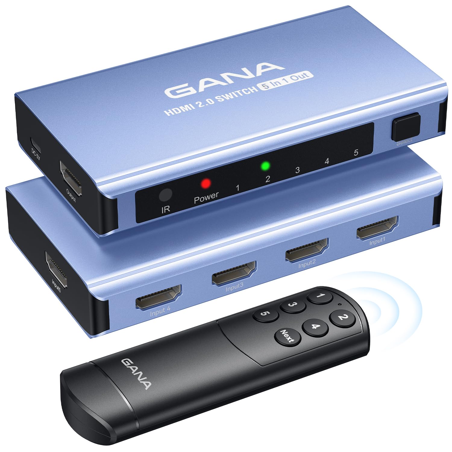 GANA HDMI Switch 5 in 1 Out 4K@60Hz, HDMI Splitter Switcher with Remote, Aluminum HDMI 2.0 Switch Box Hub for 3D, HDCP2.2, HDR, Compatible with Xbox, PS5/4/3,Fire Stick,Roku,Blu-Ray Player, Light Blue