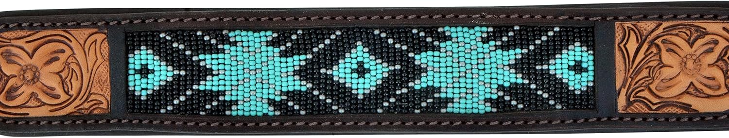 Leather Dog Collar Western Style Heavy Duty Hand Tooled Adjustable Beaded and Padded Soft for Puppies and Big Dogs 10AB009