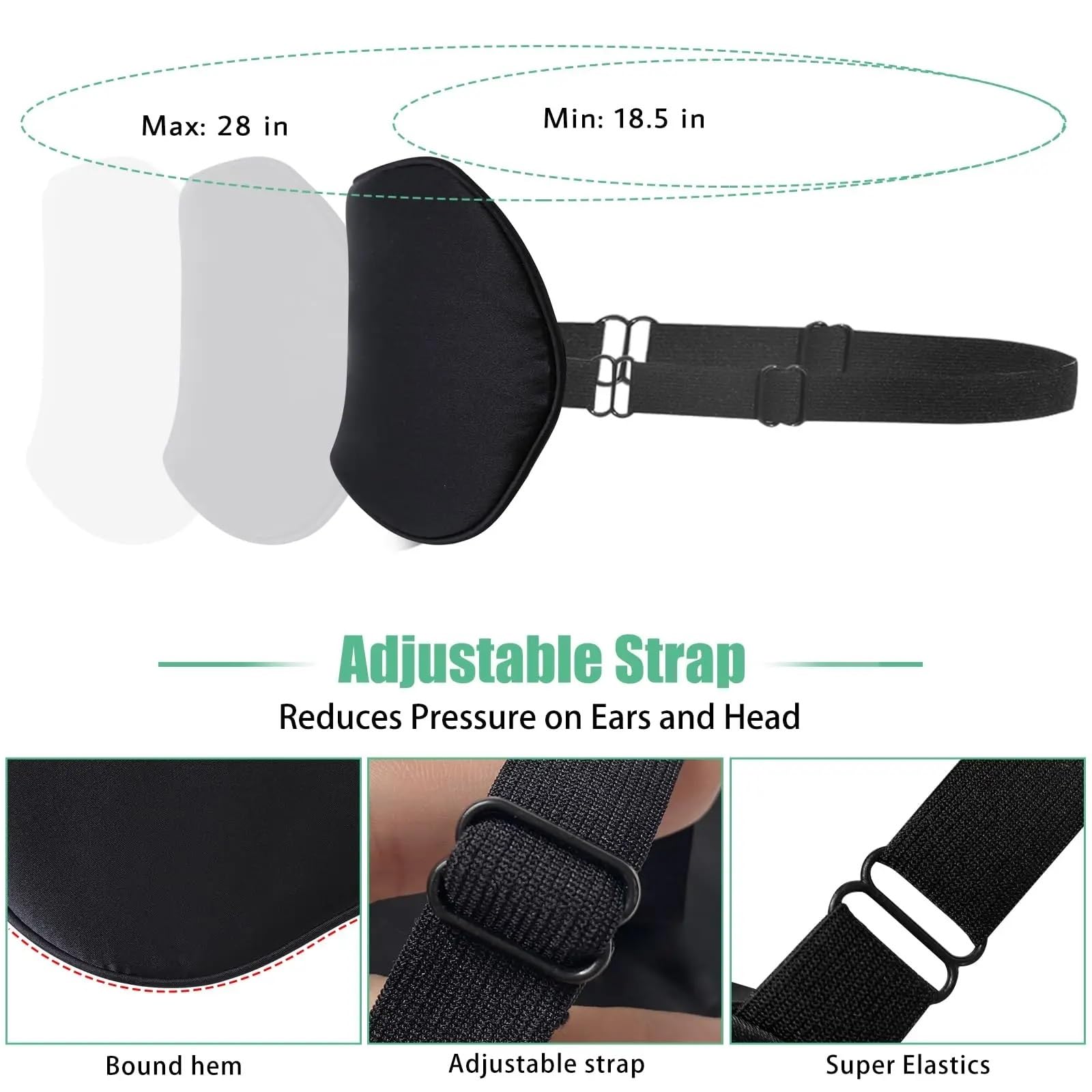 3-teilige Seiden-Schlafmaske, echte Seiden-Augenmasken mit verstellbarem Riemen for Schlafen, blockiert Licht und reduziert geschwollene Augen für Schlaf(Black)