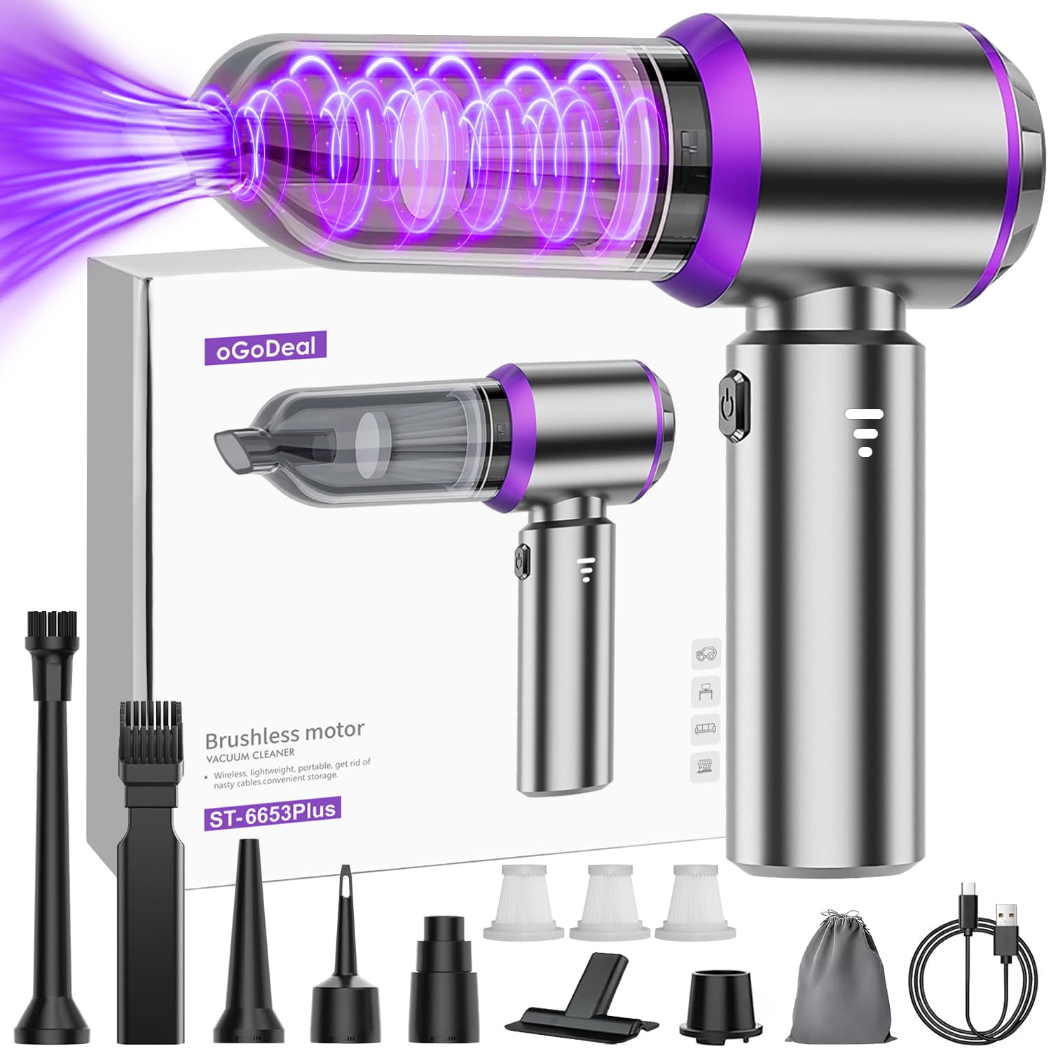 oGoDeal Aspirateur Voiture, 26000PA Aspirateur à Main Puissant sans Fil Portable, Mini Aspirateur de Voiture à 3 Niveaux Réglables avec 4 HEPA Filtre pour Voiture, Cuisine, Maison et Poils d'animaux