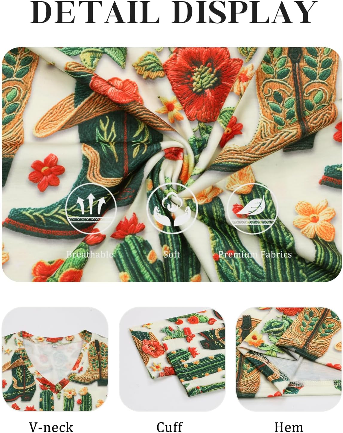 Womens Western Tops 3/4 Length Sleeve Shirts V Neck Graphic Shirts for Women Loose Casual Tunic Blouses Cactus Desert Tees - Image 5