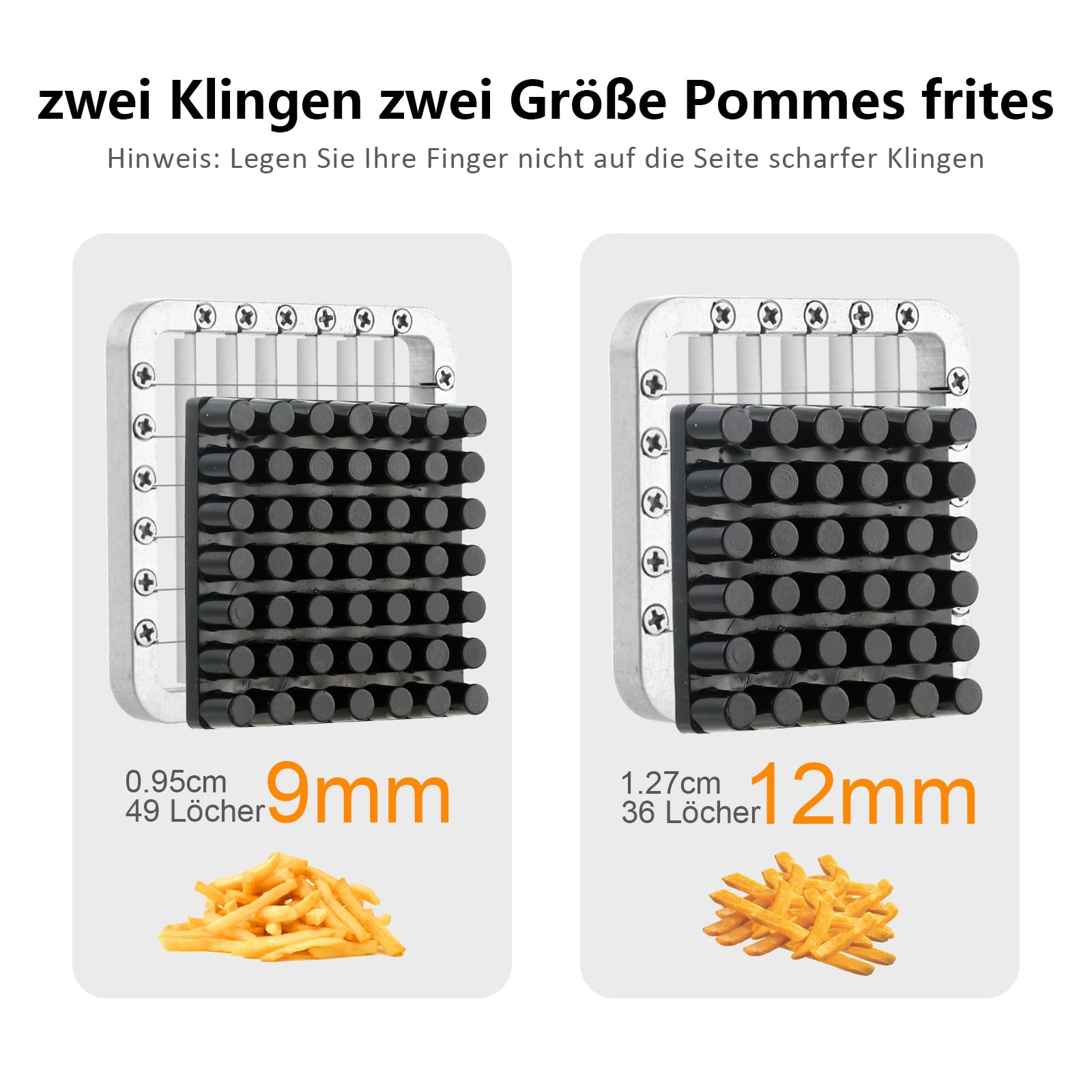 Pommes Frites Schneider, Kartoffelschneider mit abnehmbarem Griff, Edelstahl Kartoffelschneider mit 9mm,12mm Klingen mit 4 Saugfüßen für Kartoffel, Karotte, Gurken