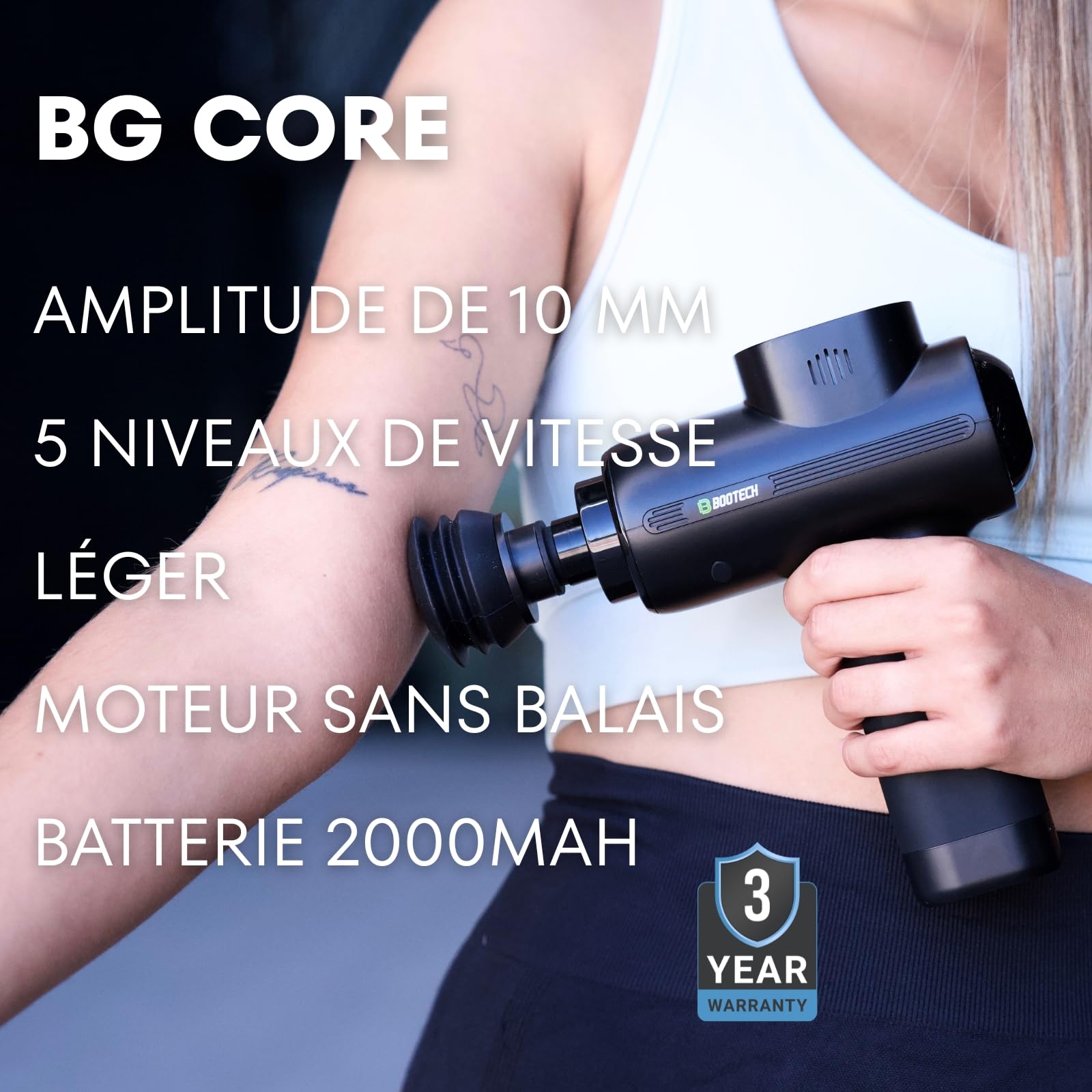 BOOTECH Pistolet de massage musculaire professionnel à tissus profonds avec 10 mm d'amplitude, massage pistolet silencieux avec 5 têtes et 5 vitesses pour récupération sportive, soulagement de la