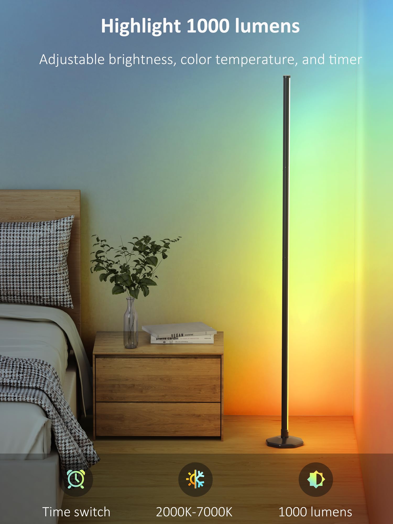 Lámpara de pie de esquina RGB:  16 millones de colores DIY y más de 68 luces LED de escena inteligente y moderna con temporizador, sincronización de música, aplicación y control remoto lámpara de 5