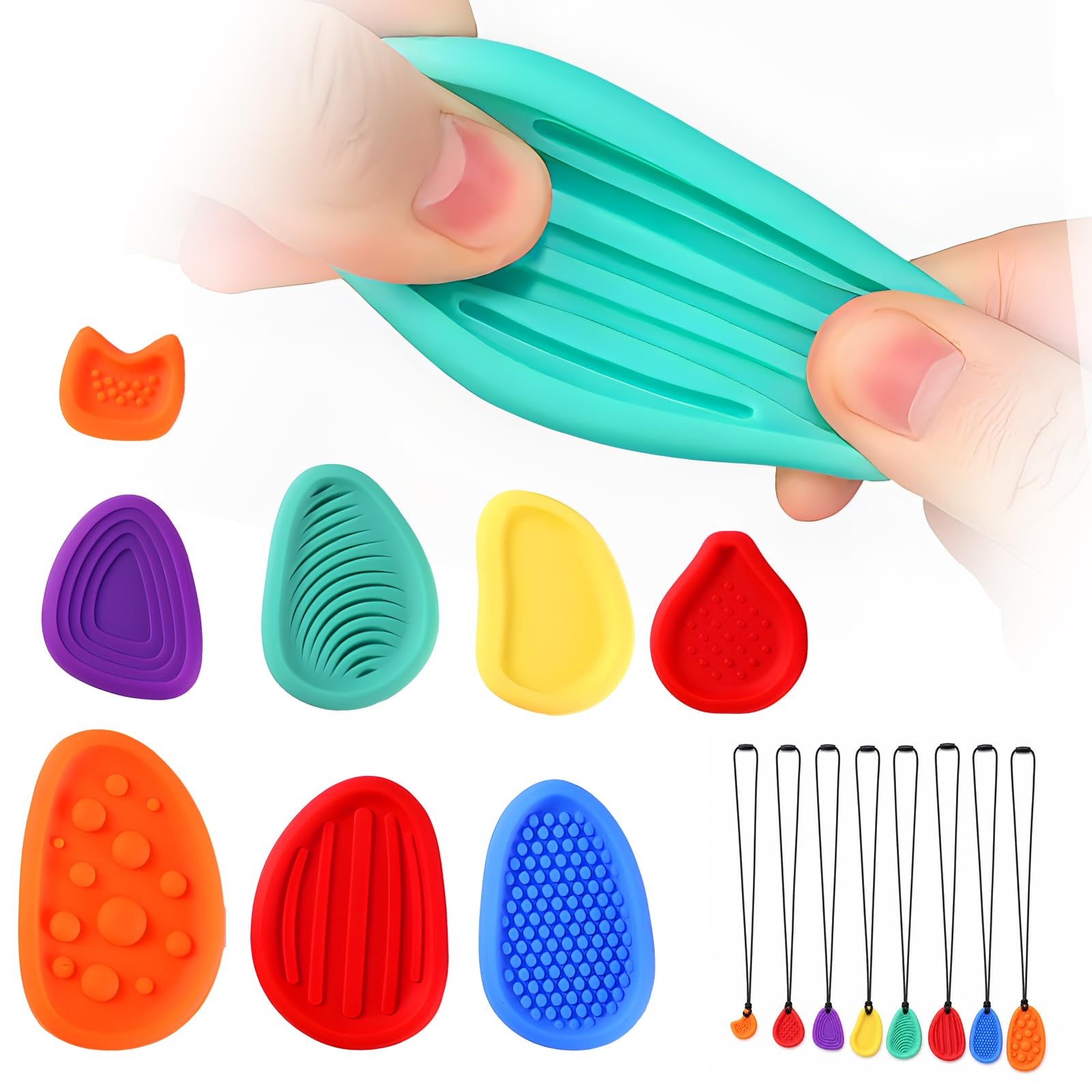 8Pcs Sensory Stones with Lanyard, Sensory Toys for Anxiety and Stress Relief, Soft Fidget Toys with Various Shapes & Textures, Worry Stones for Adults, Adolescents and Autism