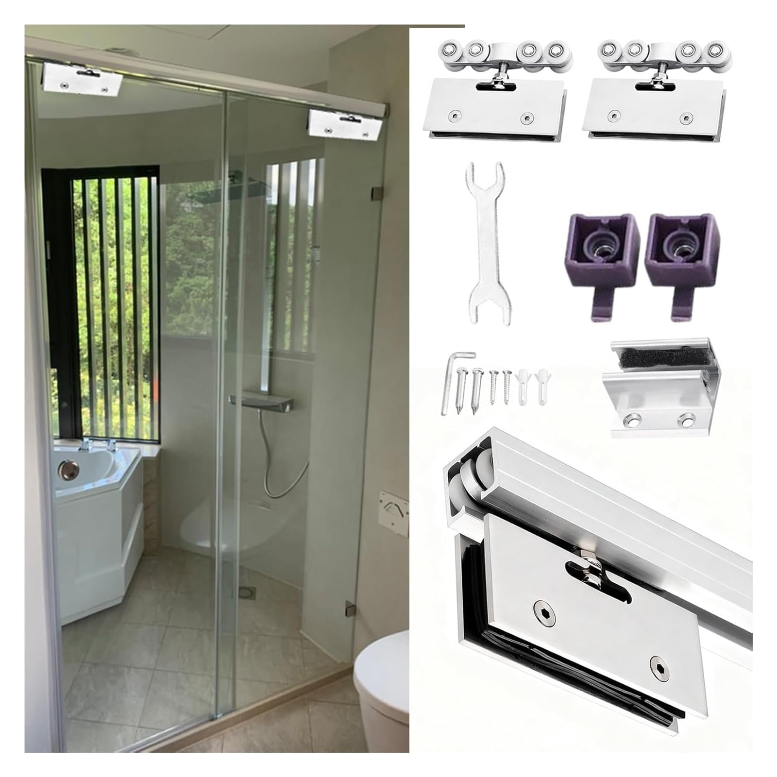 YDHSIKK Glass Sliding Door Track, Glass Sliding Door Track Ceiling Mount Hardware Kit With Rollers Multicolor 50-400 cm(Silver,260cm/102.4in)