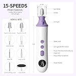 Perceuse électrique à ongles, fichier à ongles électriques sans fil 15 Vitesse, Machine professionnelle de perceuse à ongles - Manucure Pedicure Kit de broyeur électrique pour femmes et hommes Nails épais Soins des pieds de main, avec lumière et affichage (Purple)