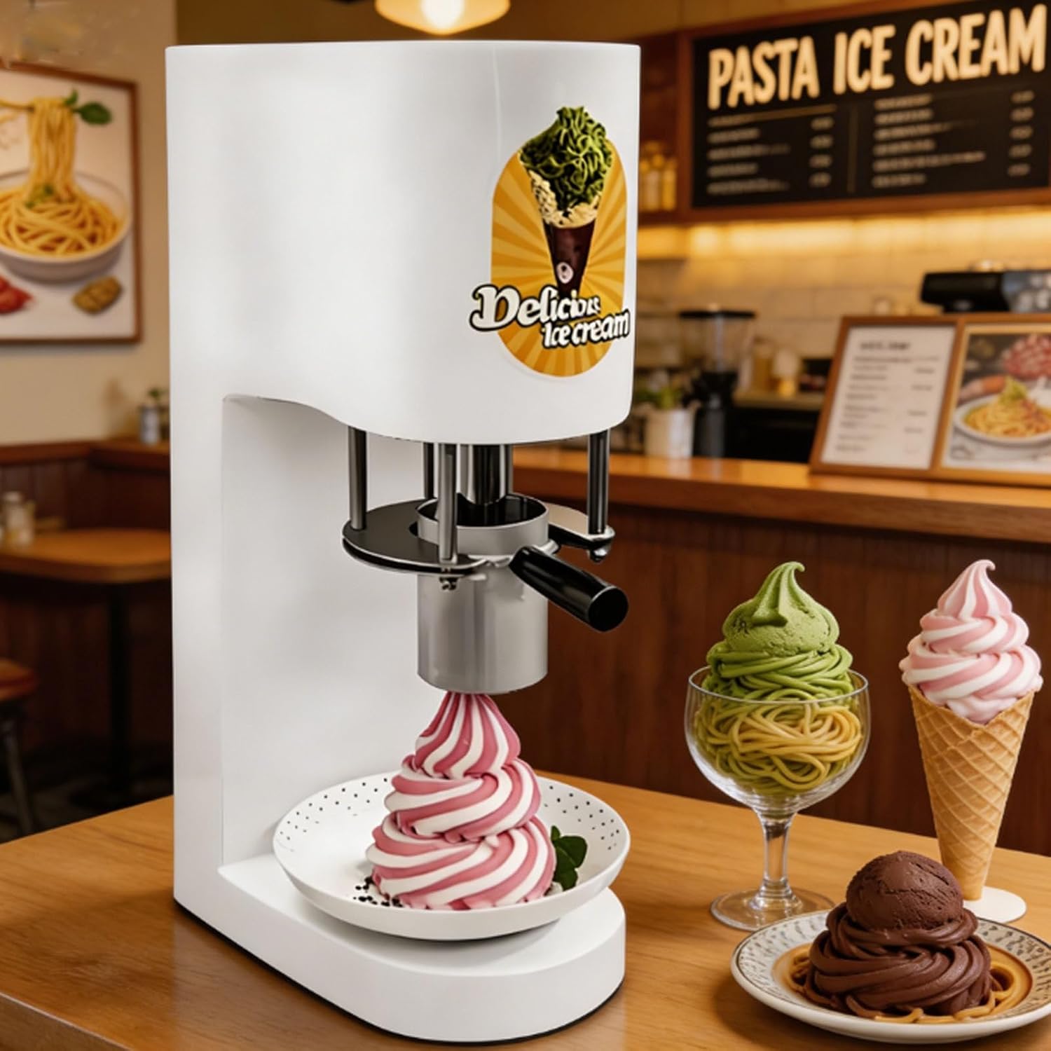 Commercial Spaghetti Ice Cream Maker,80w 4 In 1 Ice Cream Noodle Press Machine,4 Noodle Shape Molds,7.4-7.9 Gal(28-30l)/H,0.42l (420ml) Capacity,Professional Pasta Ice-Cream Extruder TypeA
