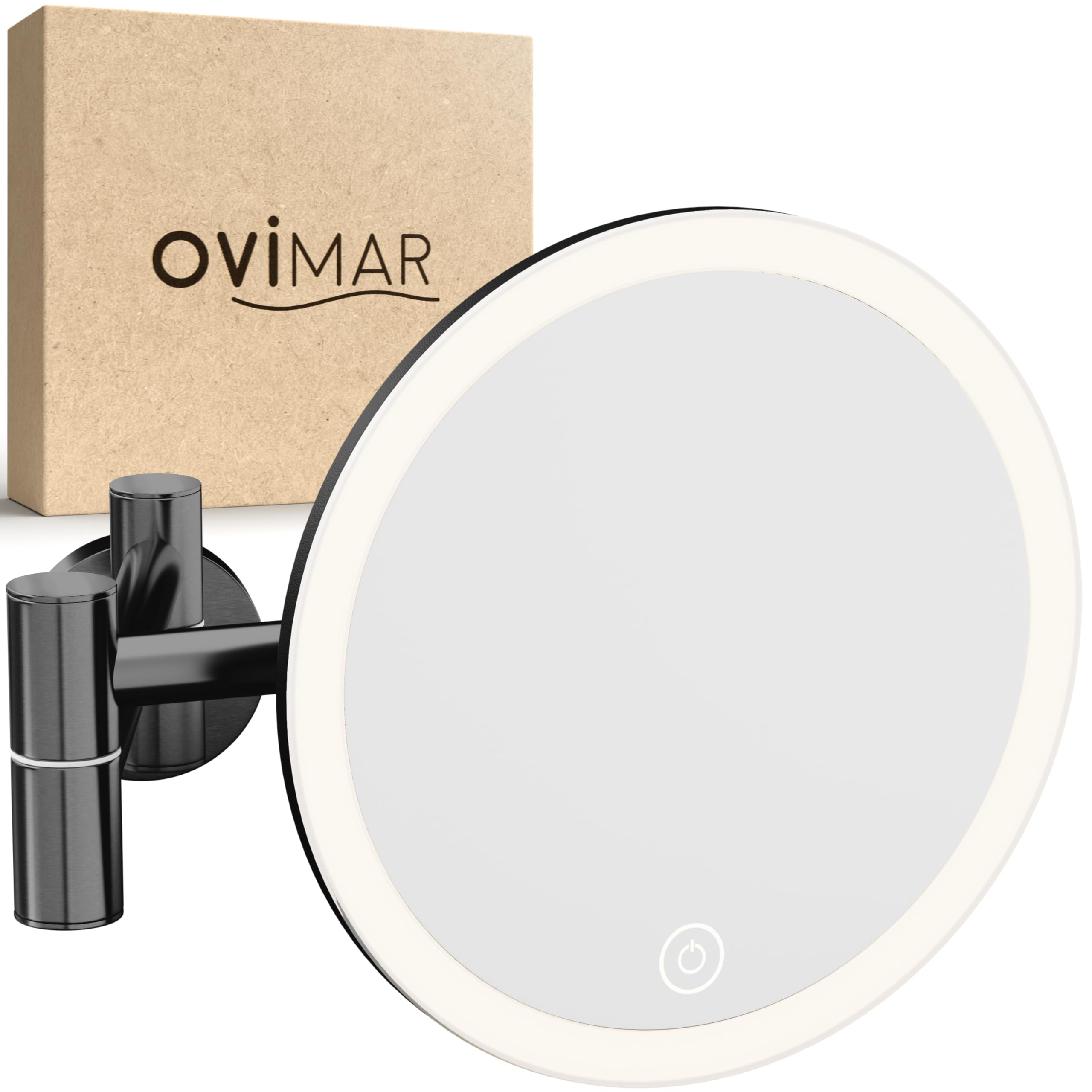 Ovimar Lusterko kosmetyczne Ringstind Gunmetal | z oświetleniem | ładowalne | montaż ścienny do wiercenia | do łazienki | 5-krotne lusterko powiększające | lusterko do makijażu ze światłem | lusterko