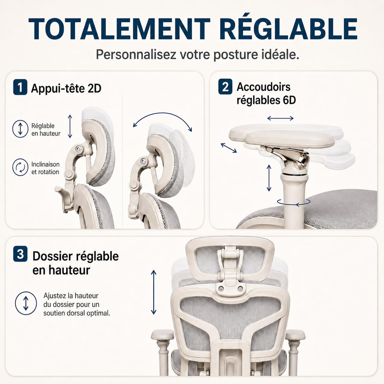Silla de oficina ergonómica, cómoda/ajustable, reposapiés, reposabrazos 6D, reposacabezas 2D, silla de oficina con doble soporte lumbar, ruedas silenciosas, respaldo reclinable