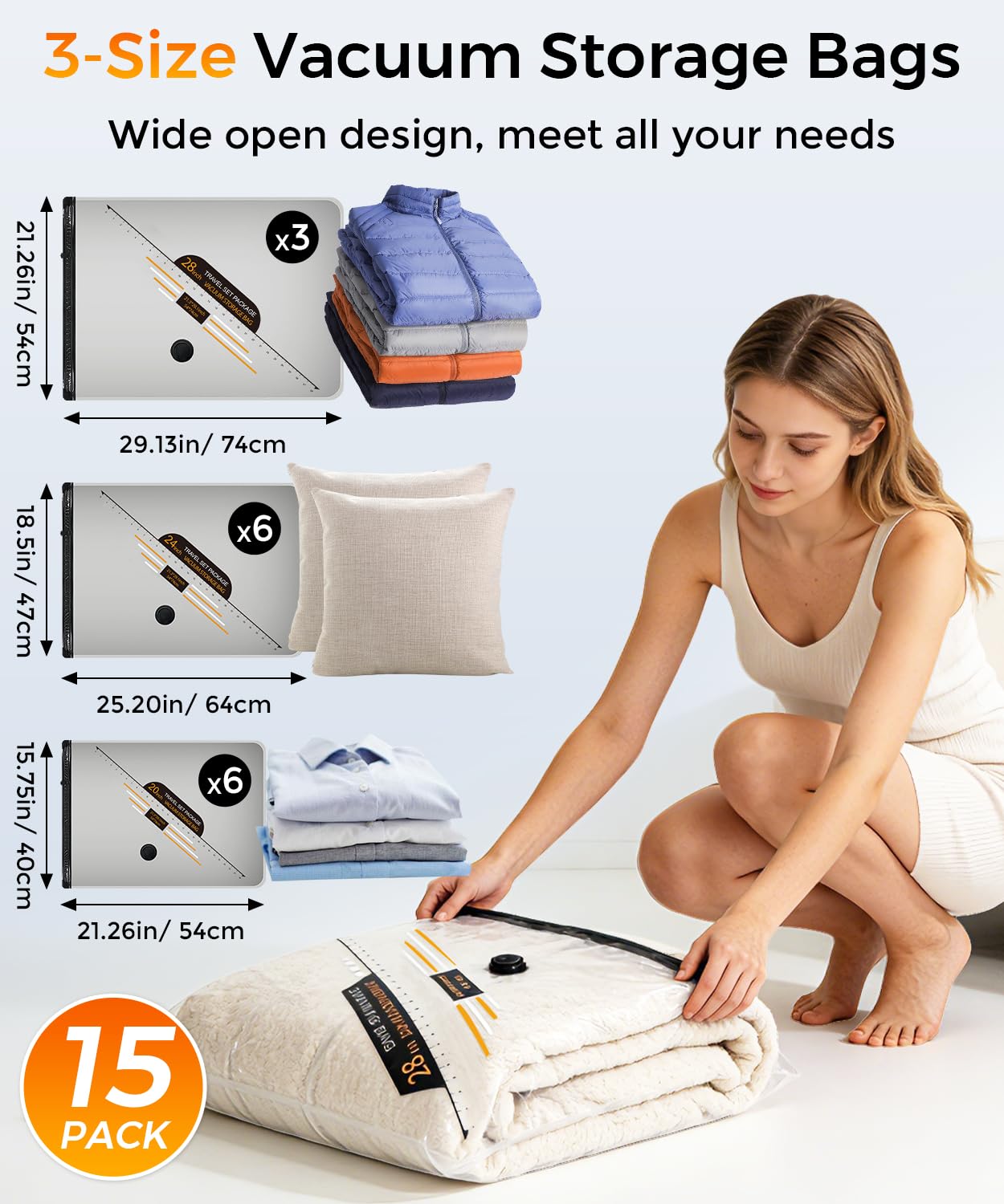 BOYUNSHI Bolsas de almacenamiento al vacío con bomba de aire eléctrica recargable, paquete de 15 bolsas de compresión herméticas, ahorro de espacio para ropa, viajes, ropa, equipaje, maleta (3 grandes